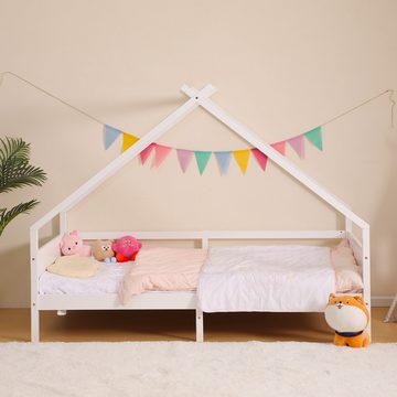 JINPALAY Kinderbett Hausbett aus Kiefer mit Rausfallschutz 90 x 190 cm