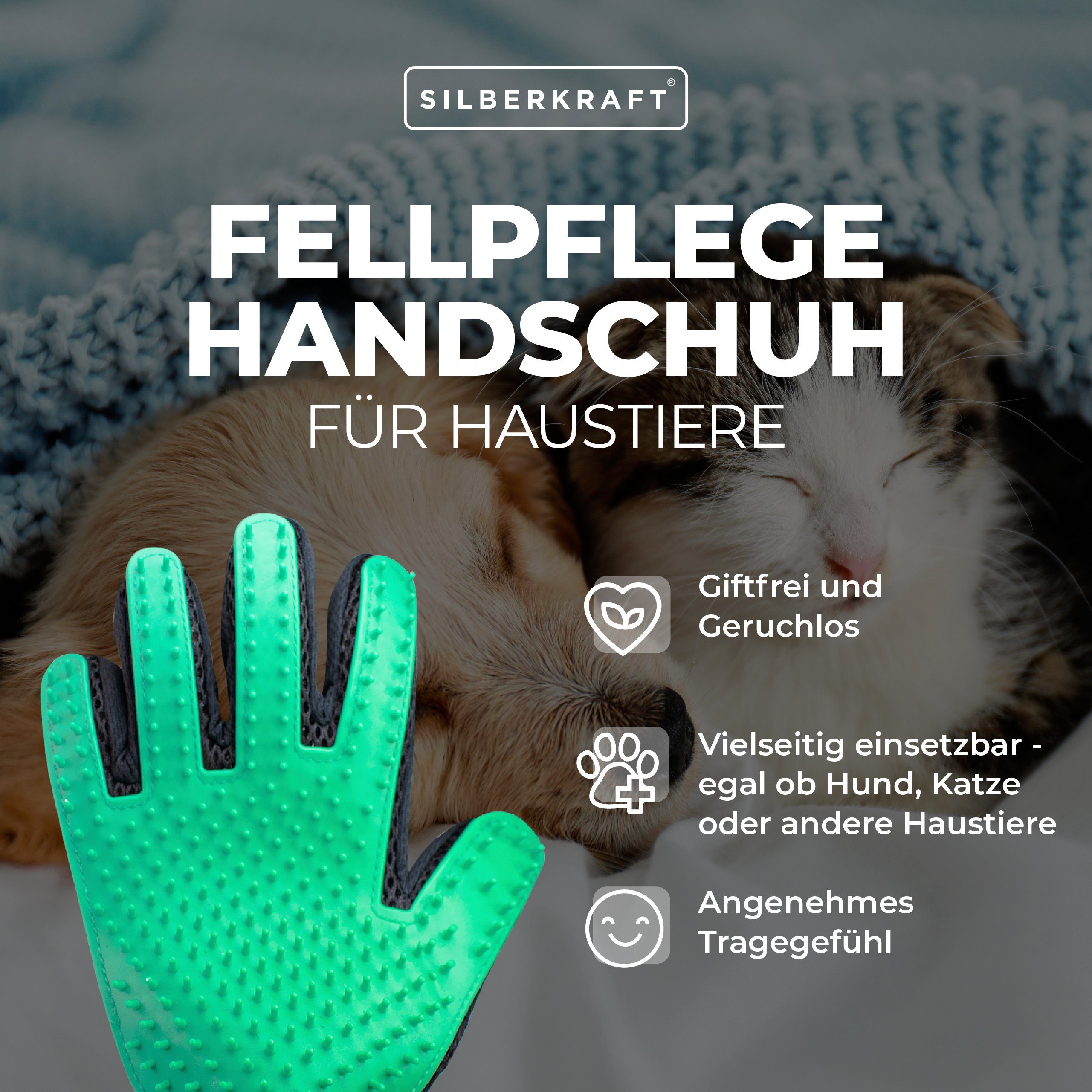 Silberkraft Fellpflegehandschuh Fellpflegehandschuh für Hunde und Katzen, Massagehandschuh, 256 Noppen, (1-tlg), Flexibel tragbar, für Lang- und Kurzhaar, waschbar & wiederverwendbar