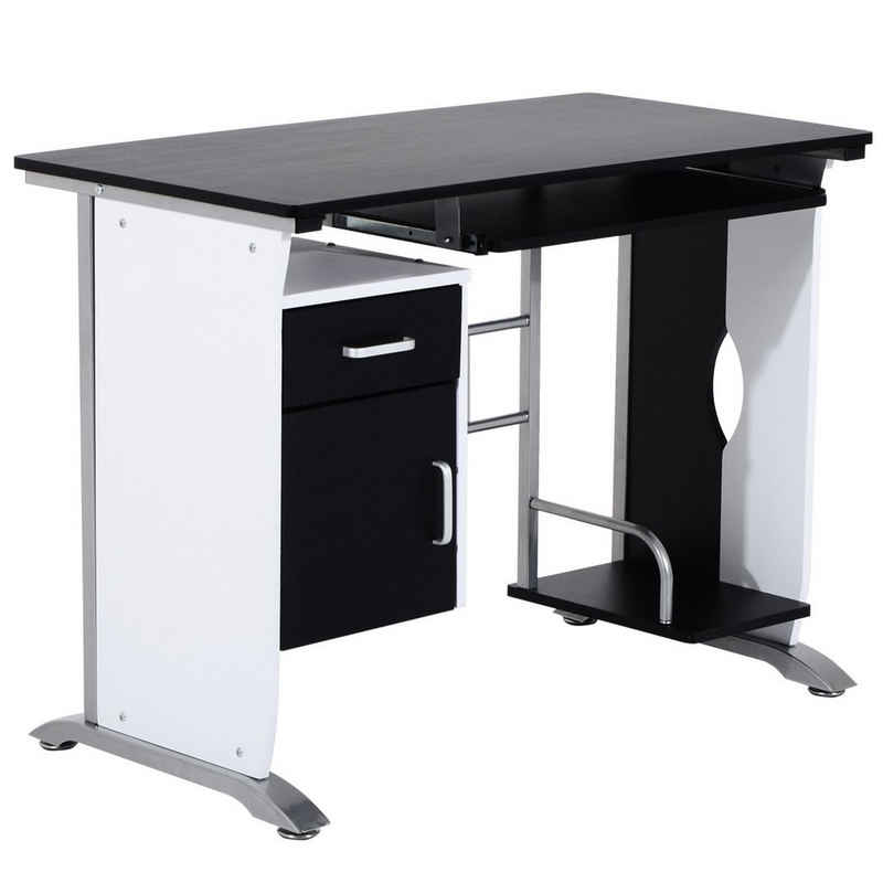 HOMCOM Computertisch »HOMCOM Computertisch mit 1 Schublade, 1 Schrank, 1 Tastaturablage, Schreibtisch. Bürotisch, MDF Weiß+Schwarz+Silber« (Set, 1-St., 1 x Computertisch)