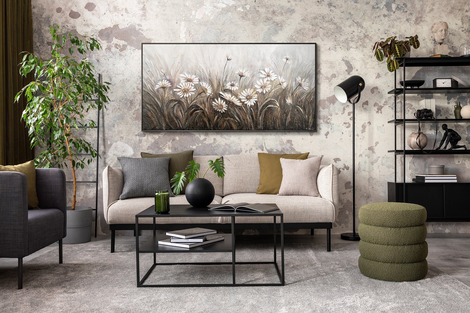 Schwarz Bild Gemälde in Leinwand Blumen Grau Handgemalt Mit Gänseblümchen, Blumen, Weiß Rahmen YS-Art