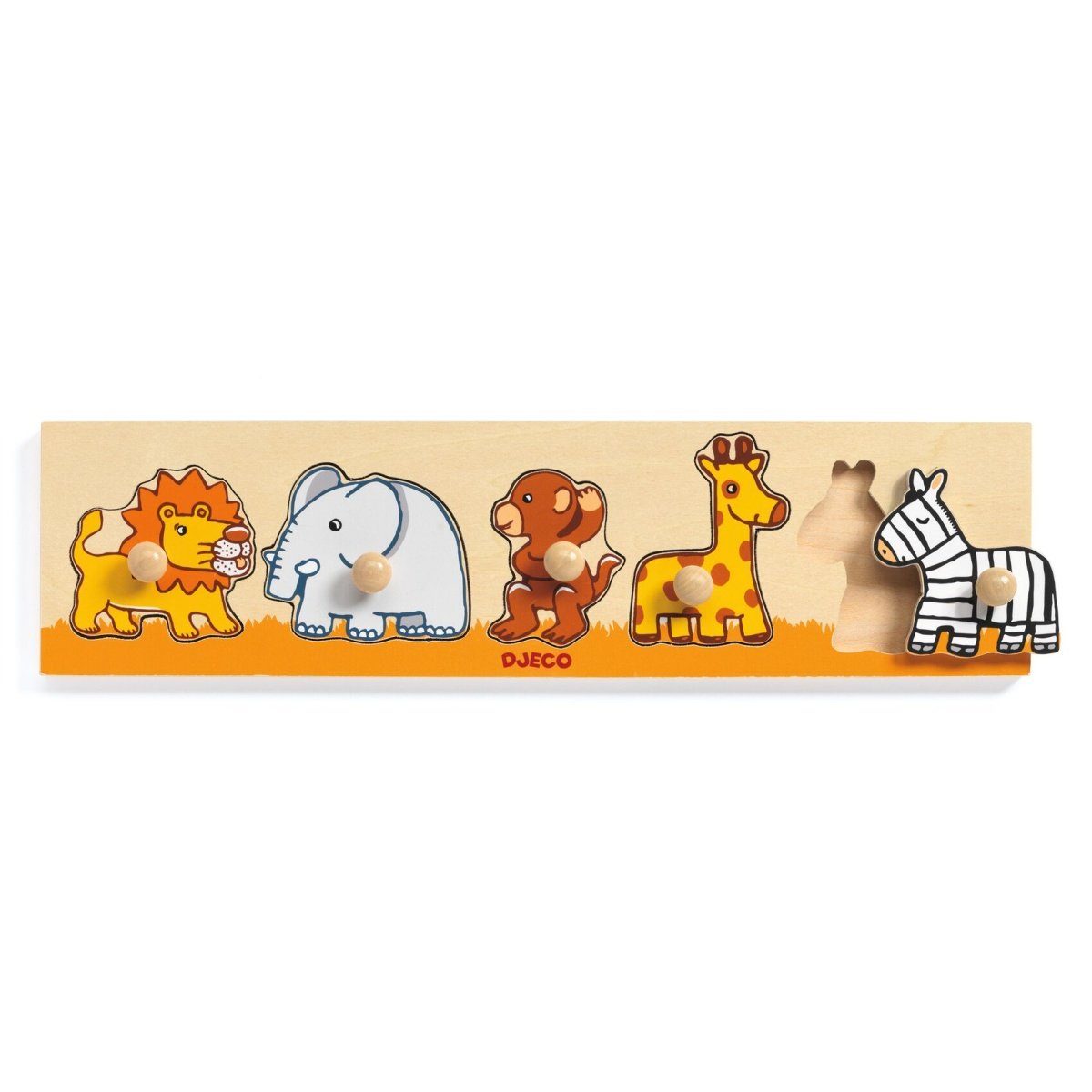 DJECO Steckpuzzle Greifpuzzle aus Holz mit 5 Tieren, Puzzleteile