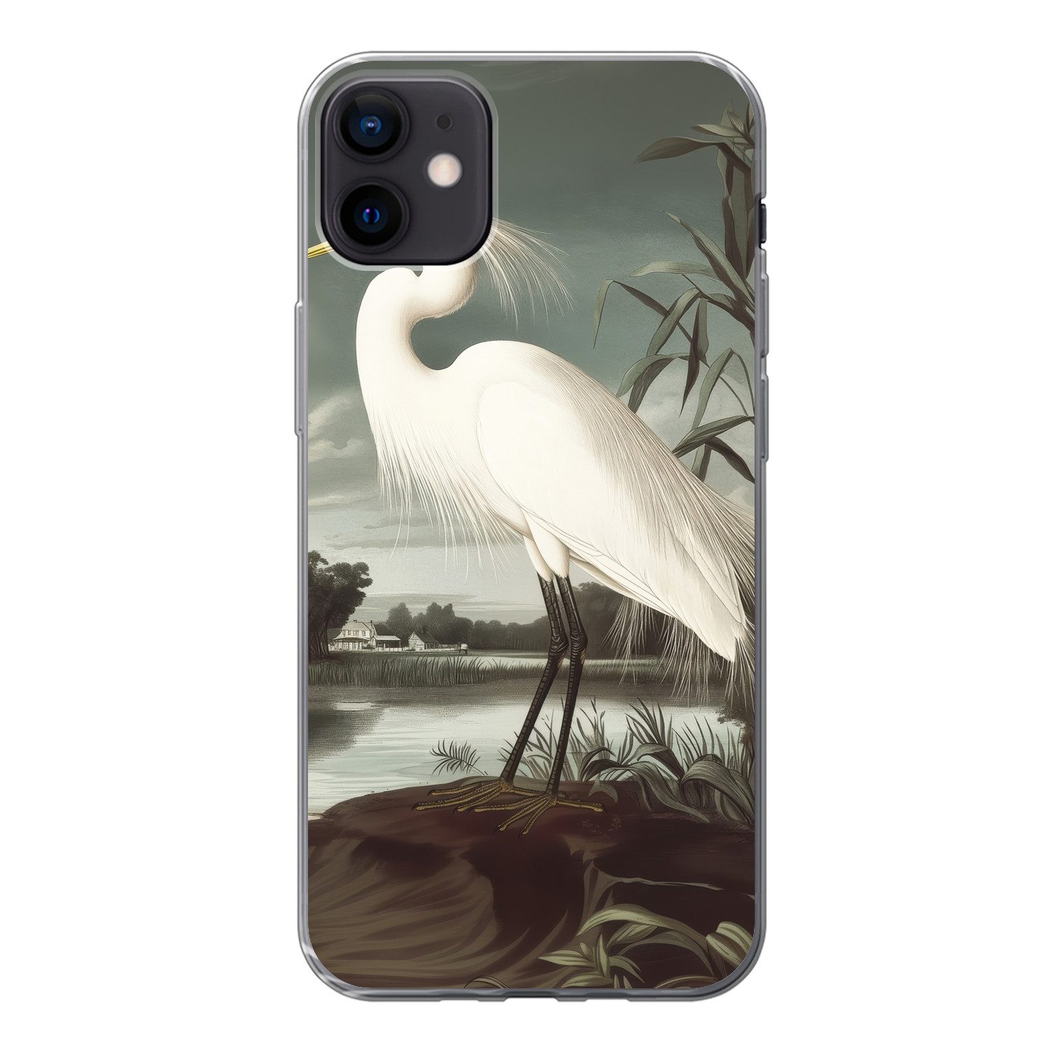 MuchoWow Handyhülle für Apple iPhone 12 Mini Reiher - Pflanzen - Wolken - Weiß, Smartphone-Bumper, Print, Handy Schutzhülle Dünn