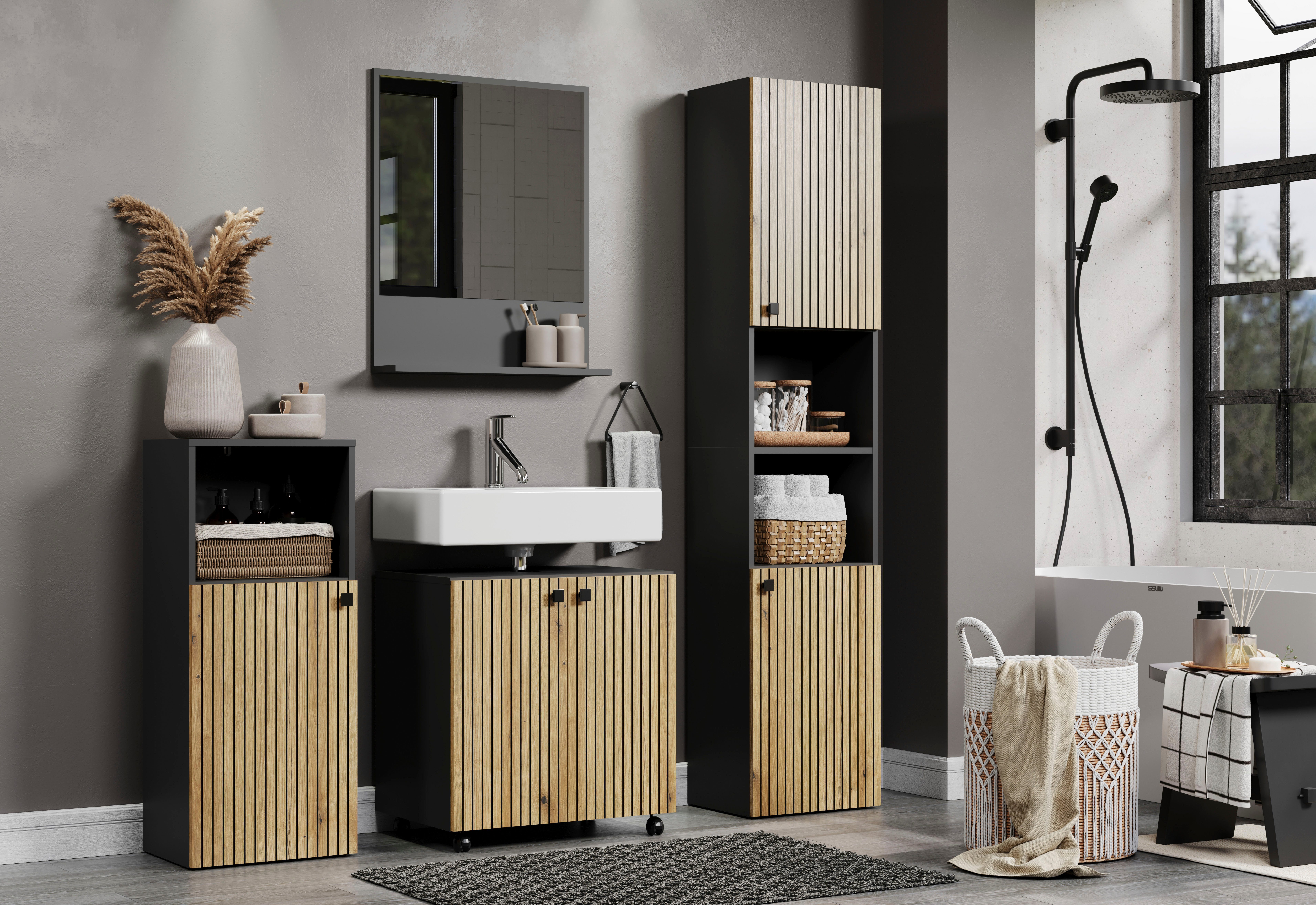 welltime Waschbeckenunterschrank Amrum BxHxT 80 x 64 x 42cm Waschbeckenunterschrank Eiche Rillenoptik