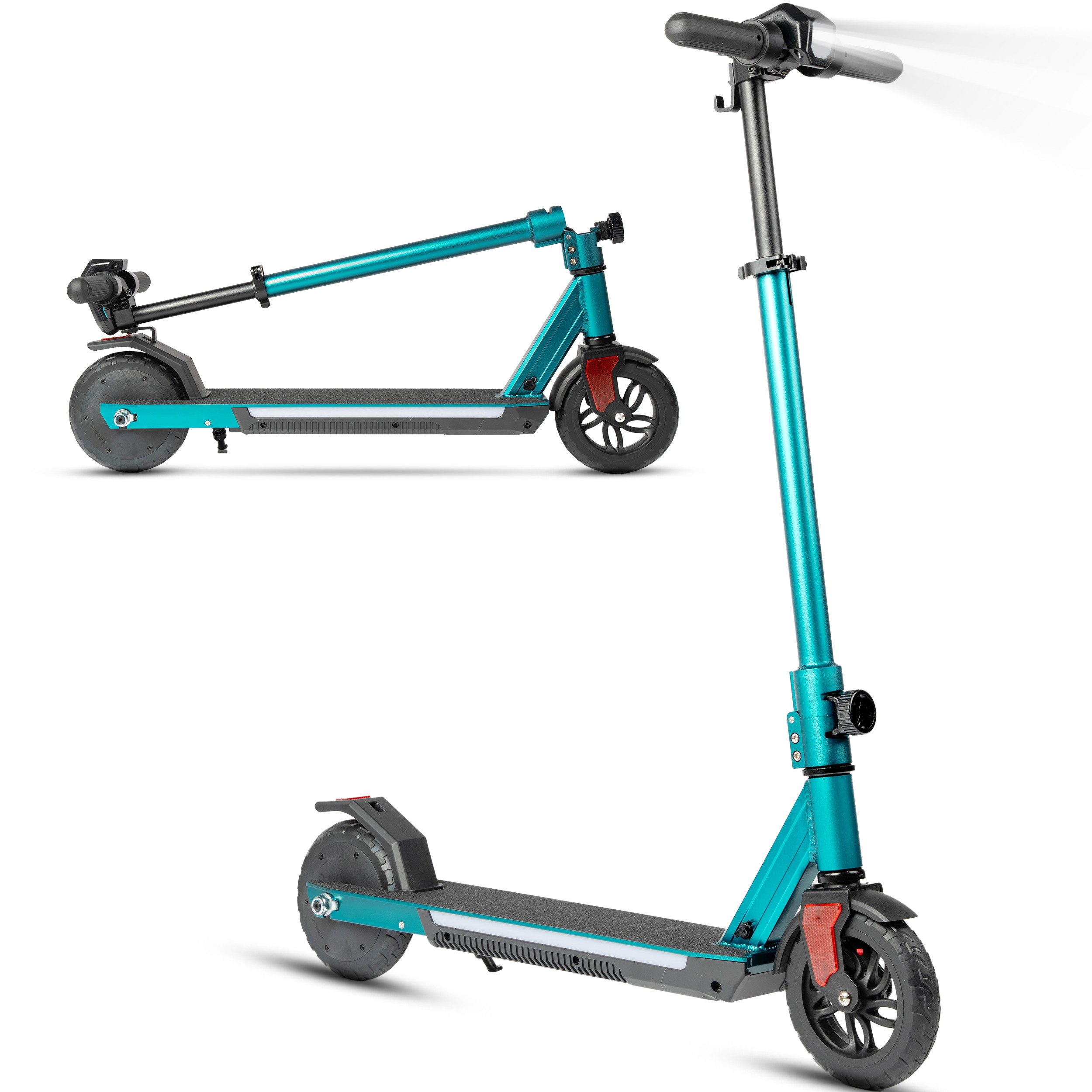 Vankel E-Scooter Kinder ab 6 Jahren, E-Roller, Cityroller, klappbar, 12-15km, 150 W, 14 km/h, (LED-Display, EBS+Fußbremse, Aluminiumrahmen, LED-Frontscheinwerfer), Elektro-Kinderroller, Bunte Leuchten, 50kg Tragkraft, höhenverstellbar