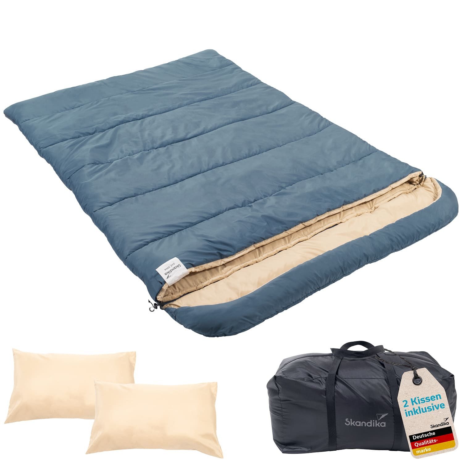 Skandika Deckenschlafsack für Erwachsene, Oppdal 230, für 2 Personen, 3 Jahreszeiten, bis 7 °C (Wärmeisolierender Stoffsteg gegen Kältebrücke, Innentasche mit Klett), 230×160 cm, 2-Wege Reißverschluss mit Skandika-Zughilfen, Tragetasche