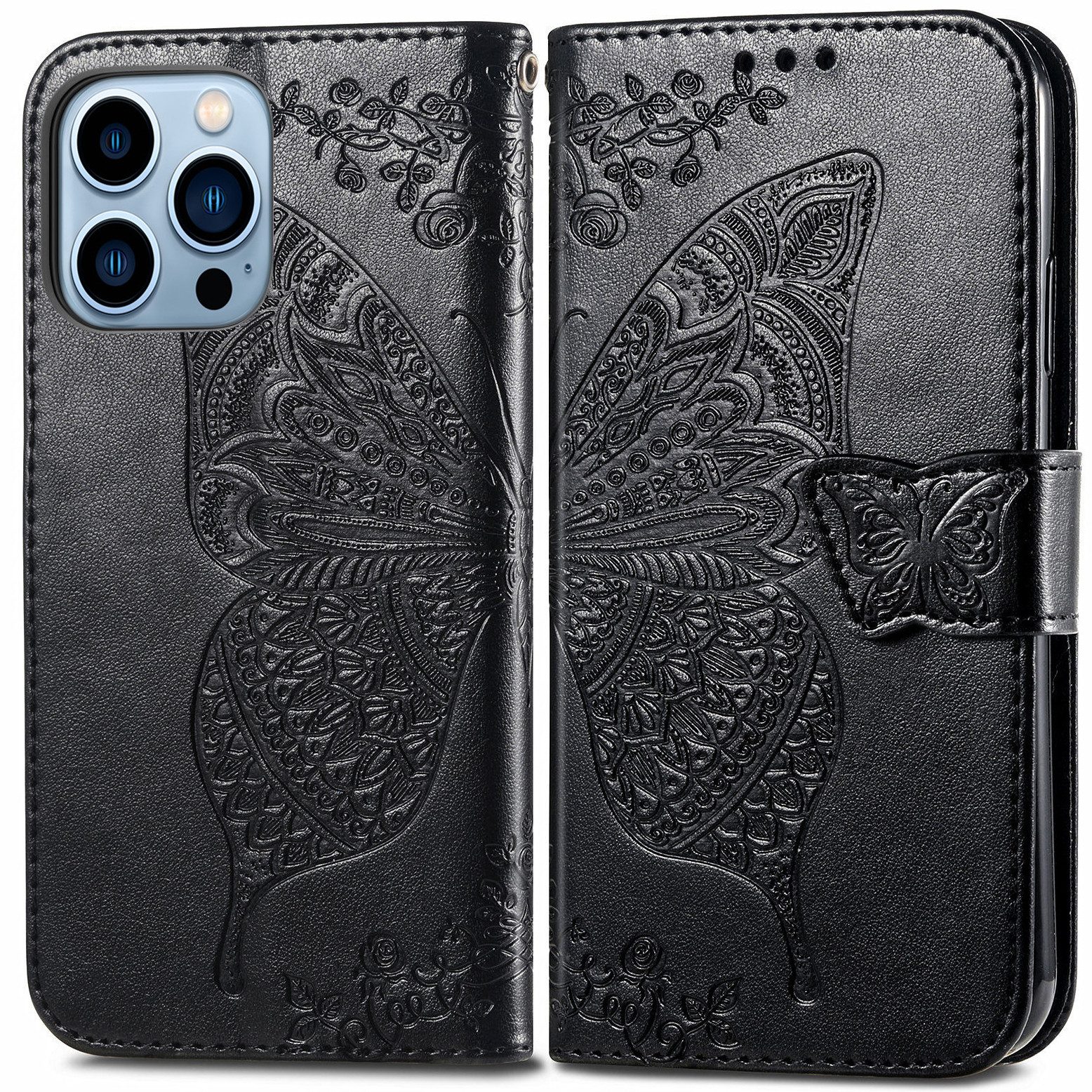 Wörleonline Handyhülle Butterfly für Apple iPhone 15 Pro Max, geblümt 17 cm (6,7 Zoll), Schutzhülle mit Magnetverschluss und 3 Kartenfächern, Klapphülle
