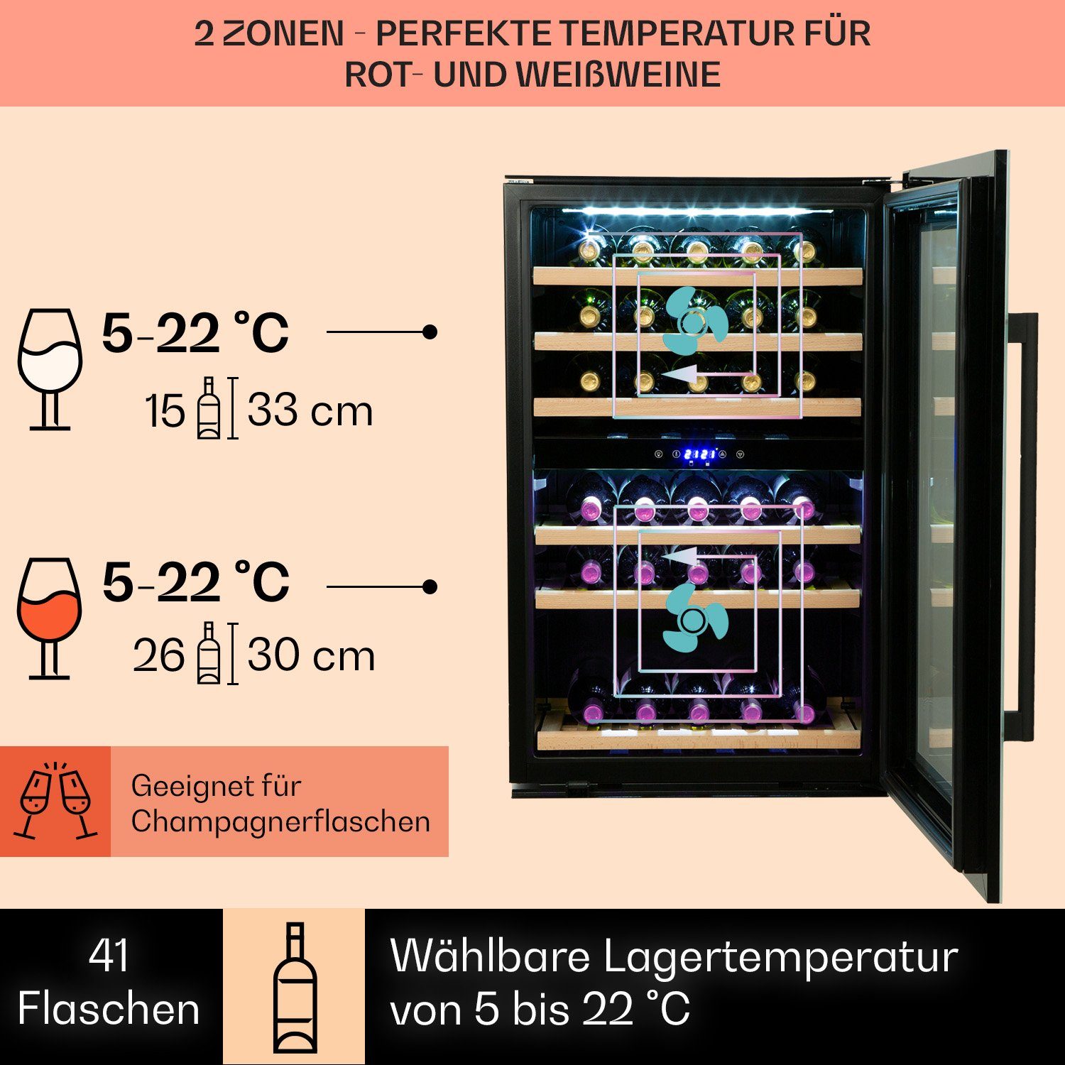 Klarstein Weinkühlschrank 41 á für Weinschrank Standardflaschen 0,75l,2 Zonen Weintemperierschrank Wein Flaschenkühlschrank Vinsider,