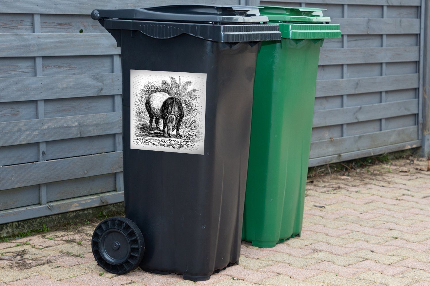 Container, Schwarz-Weiß Illustration MuchoWow Mülleimer-aufkleber, Tapirs Wandsticker eines in Sticker, St), (1 Abfalbehälter Mülltonne,
