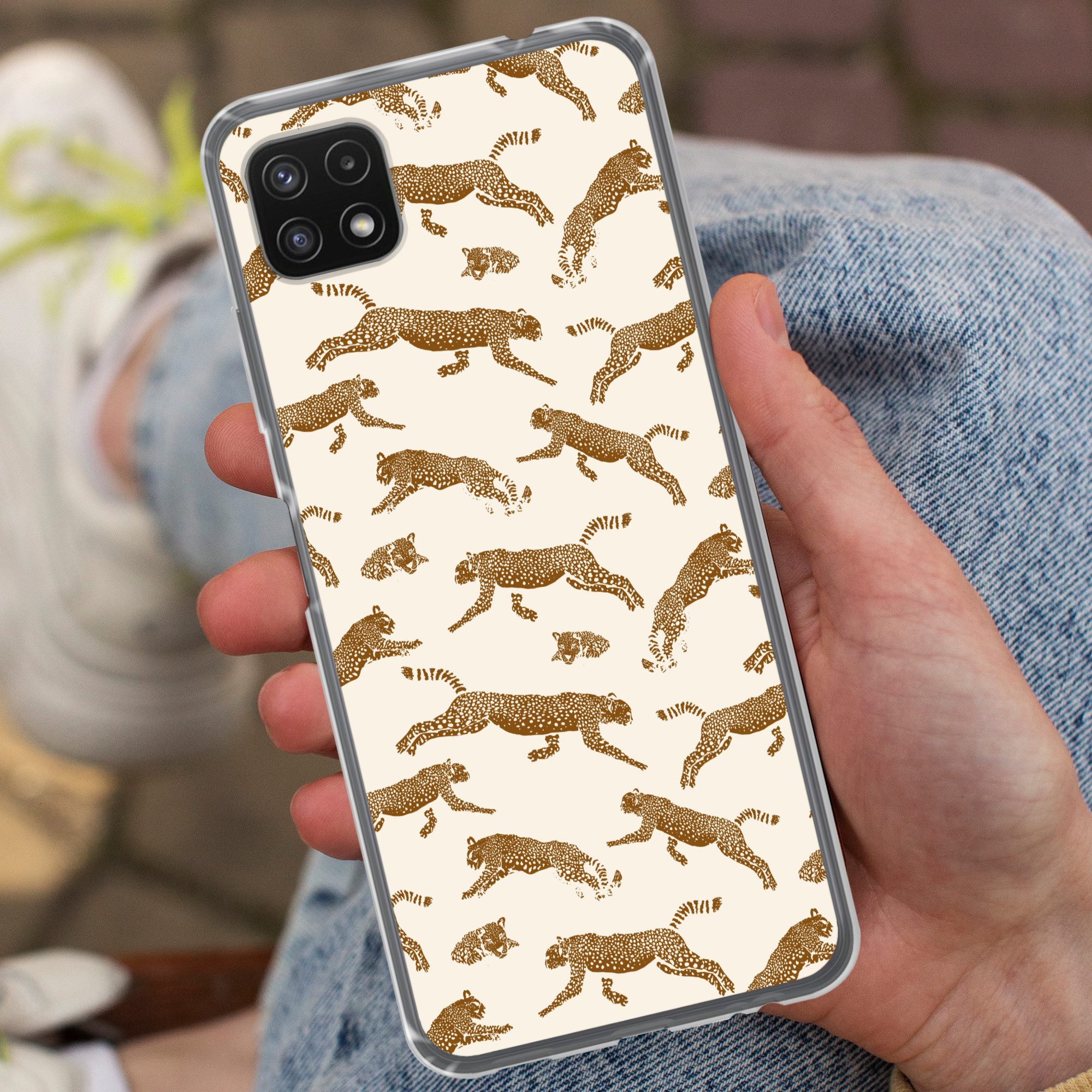 MuchoWow Handyhülle für Samsung Galaxy A22 5G Panther - Tiere - Beige - Braun - Muster, Smartphone-Bumper, Print, Handy Schutzhülle Dünn