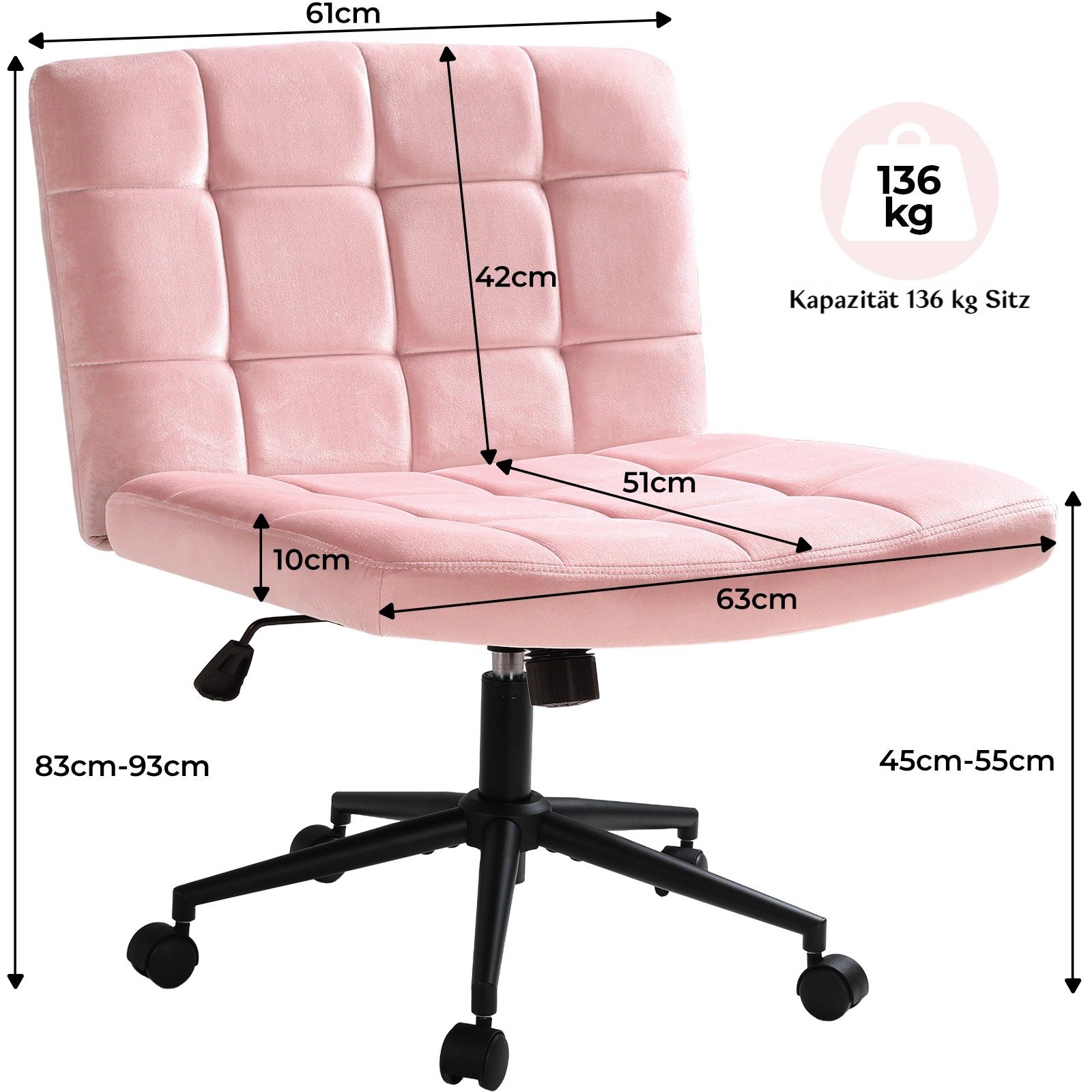 TLGREEN Drehstuhl Drehbürostuhl aus Samt mit Rollen,ohne Armlehnen (360° drehbar, höhenverstellbar), Sitzkissen aus 10 cm hochelastischem Schaum, belastbar bis 136 kg