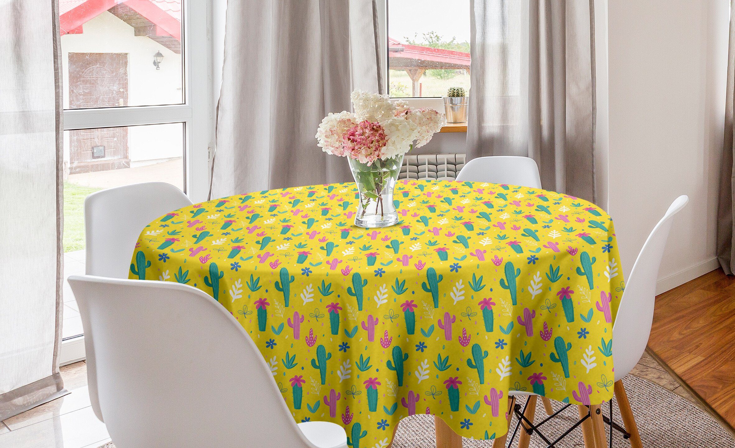 Abakuhaus Tischdecke Kreis Tischdecke Abdeckung für Esszimmer Küche Dekoration, Kaktus Dschungel-Blumen Palmblätter