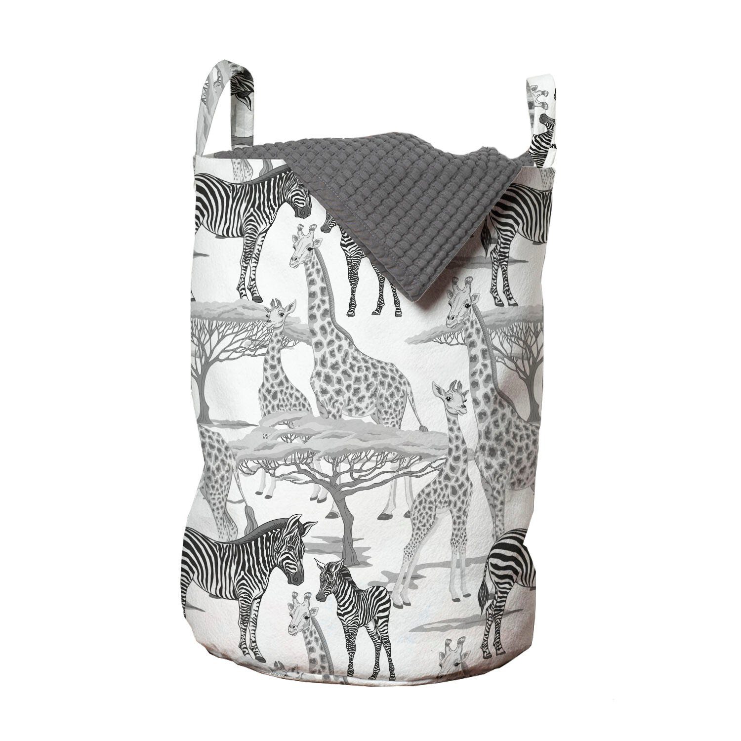 Abakuhaus Wäschesäckchen Wäschekorb mit Griffen Kordelzugverschluss für Waschsalons, afrikanisch Zebras Giraffen und Bäume