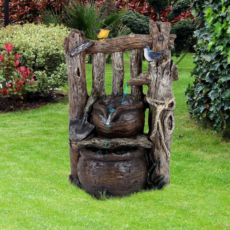 etc-shop Gartenbrunnen, Spring Zier Brunnen Holz-Optik Kaskade Hof Veranda Wasserspiel