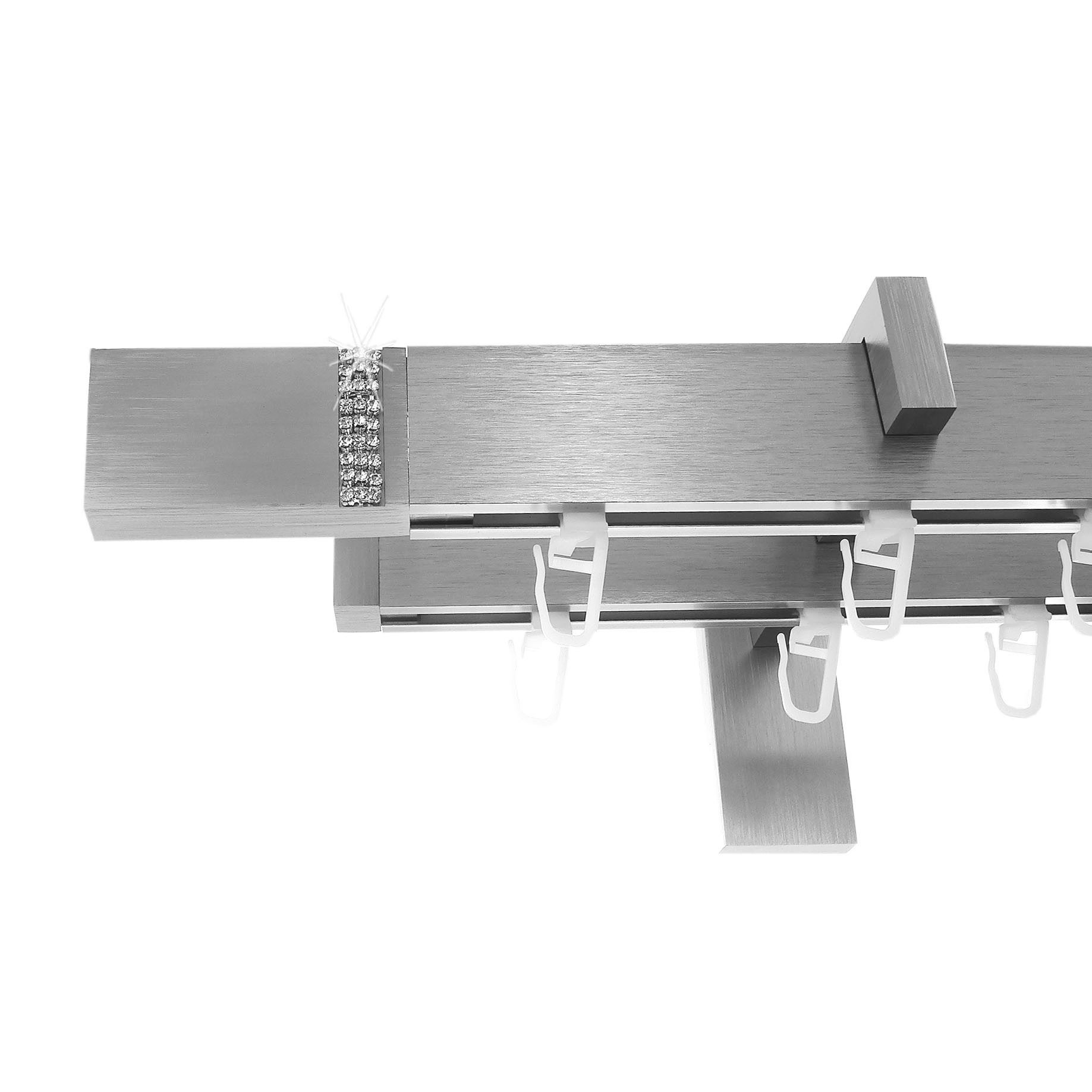 BASIT Gardinenstange eckig Innenlauf Edelstahloptik 30x14 mm mit Wandträgern 200 cm E93, Ø 30 mm, 2-läufig, verschraubt, Aluminium, H95 200 cm E93 mit Kristallen