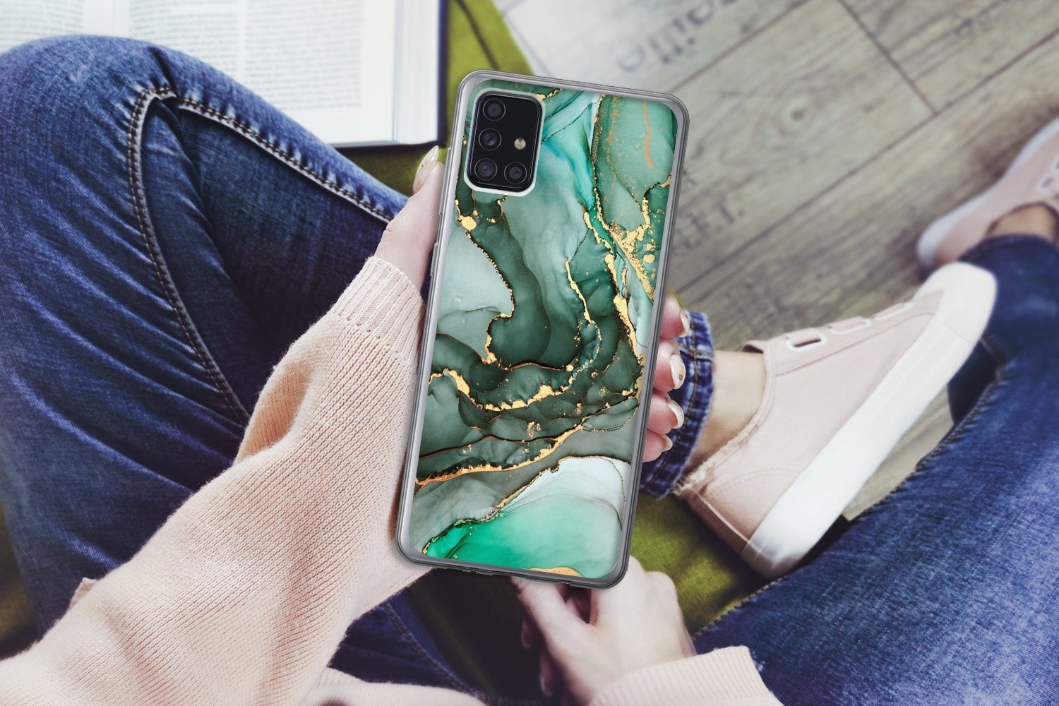 MuchoWow Handyhülle für Samsung Galaxy A52 5G Gold - Marmor - Grün - Luxus - Marmoroptik -, Smartphone-Bumper, Print, Handy Schutzhülle Dünn