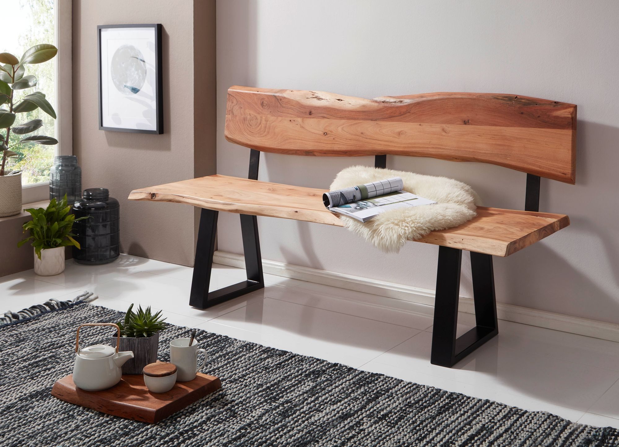 FINEBUY Essbank FB51354 Esszimmerbank 160cm mit Lehne Baumkante Sitzbank Ba günstig online kaufen