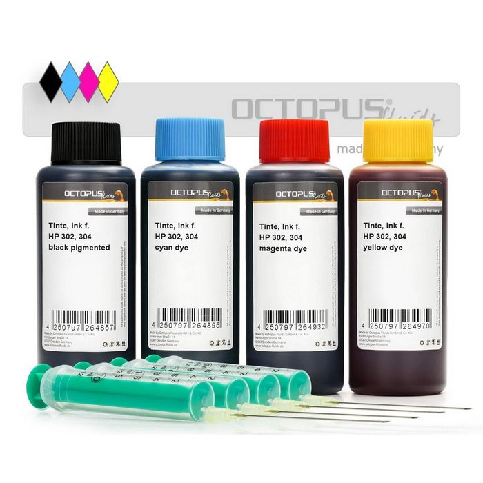 OCTOPUS Fluids Druckertinten im Set für HP 302 HP 304 vier Farben mit Refillspritzen Nachfülltinte (für HP 4x 100 ml)
