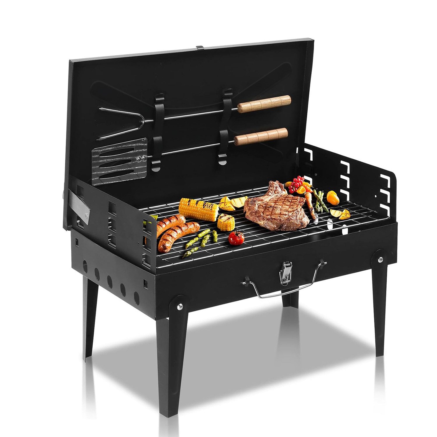 OSTWOLKE Holzkohlegrill Tragbar Klappgrill mit Grillzubehör Deckel BBQ Camping picknick