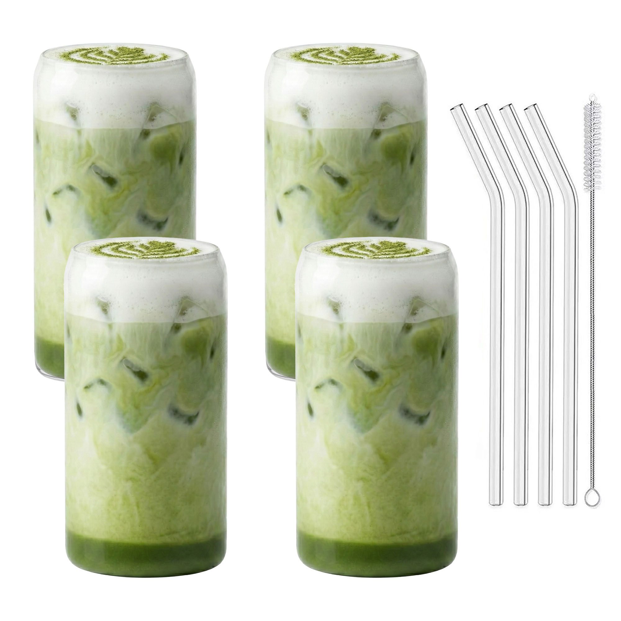 mixed24 Gläser-Set 4er Set Gläser 500ml inkl. Glashalm Dosenform, ideal für Iced Matcha Latte, Latte Macchiato, Cocktails, Smoothies