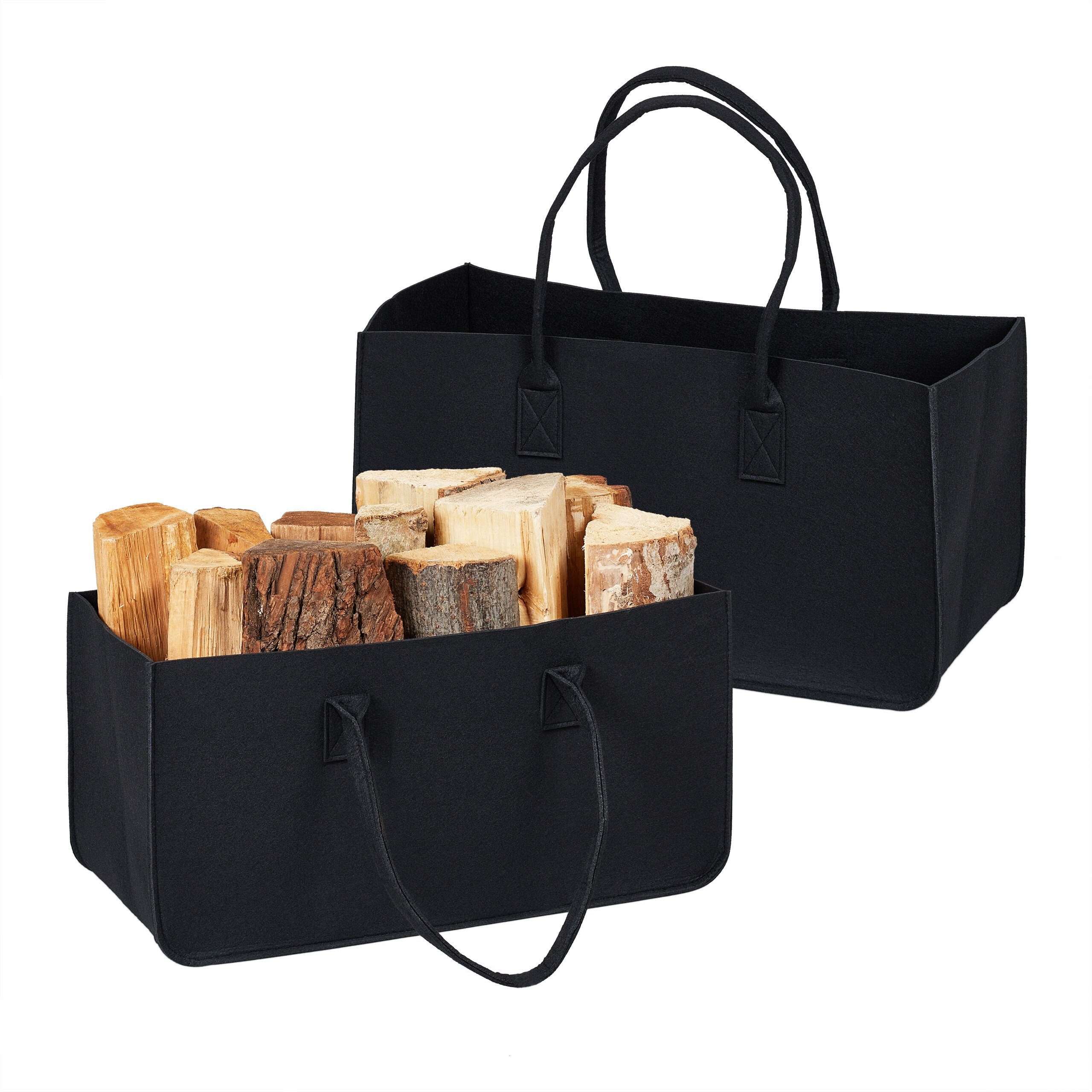 relaxdays Holztragetasche 2er Filz aus schwarz Set Kaminholztasche