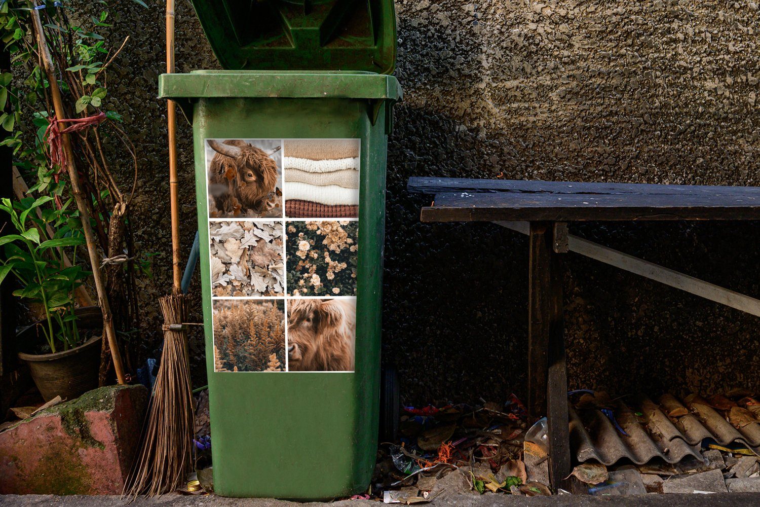 MuchoWow Wandsticker - Collage Sticker, St), Herbst Mülleimer-aufkleber, Highlander Schottischer Container, Abfalbehälter Mülltonne, (1 