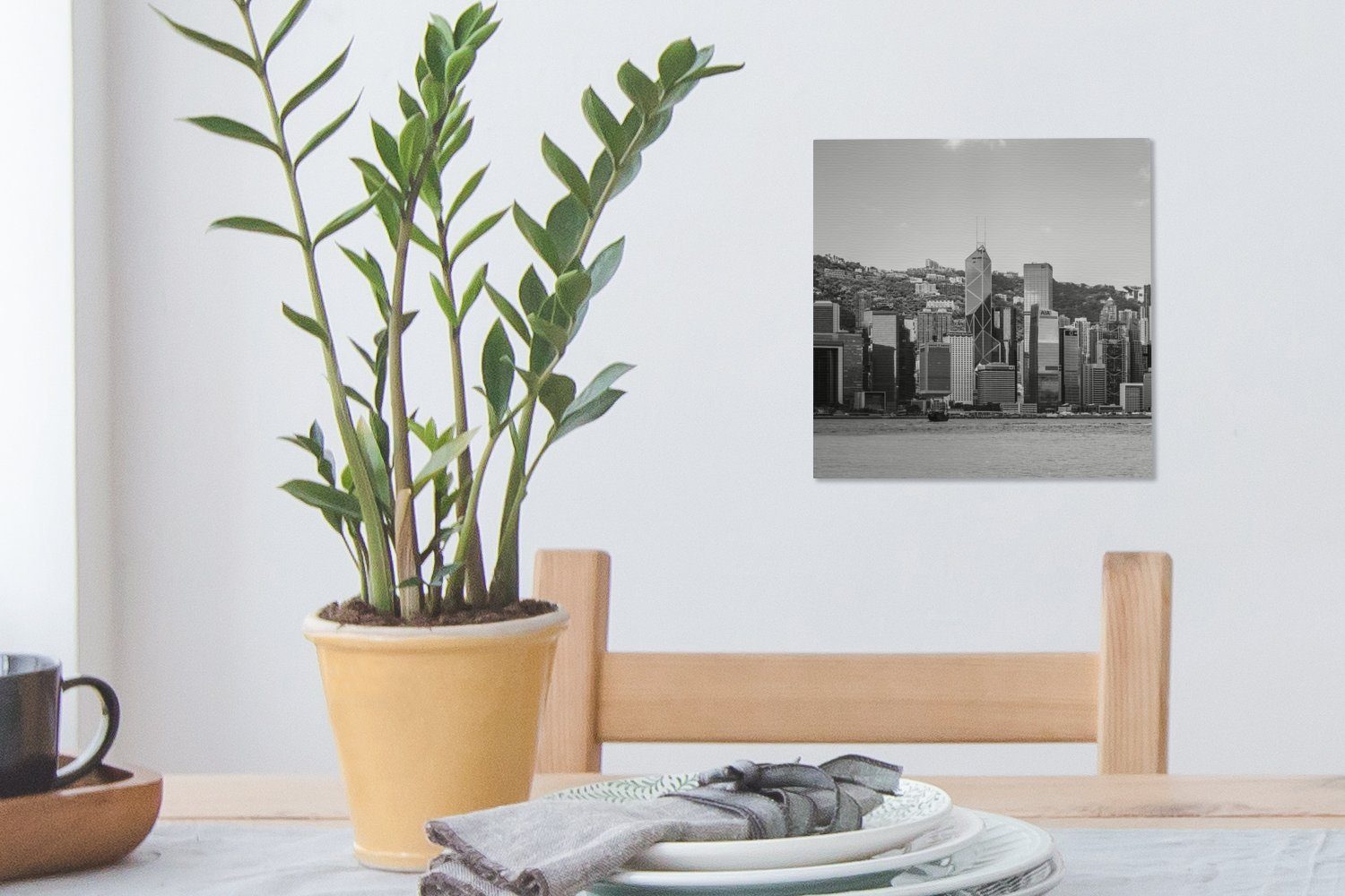 - - - Wohnzimmer Bilder Leinwand Hongkong Schlafzimmer Schwarz Leinwandbild Skyline OneMillionCanvasses® Weiß, St), für (1