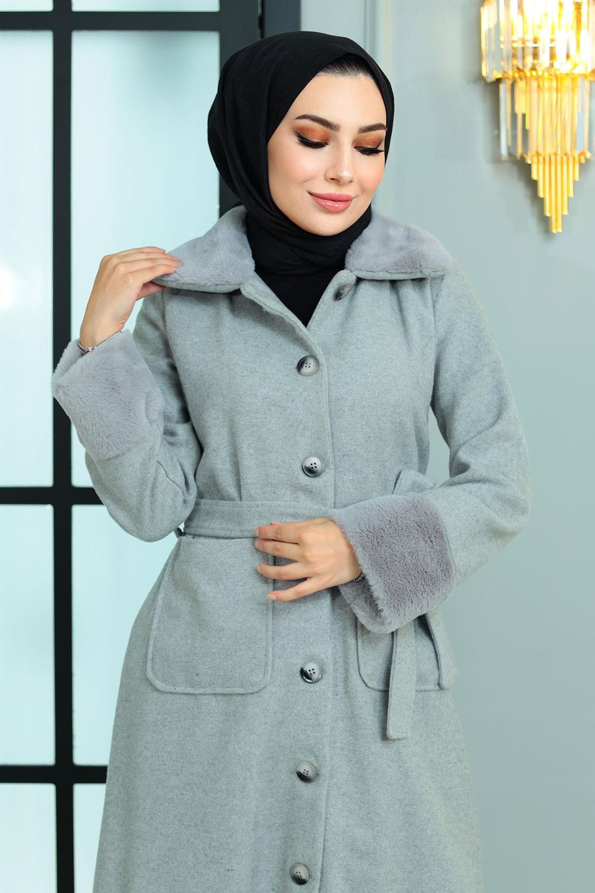 MODAMİHRAM Wintermantel Pelz Detail Wollmantel Beige 19175 günstig online kaufen