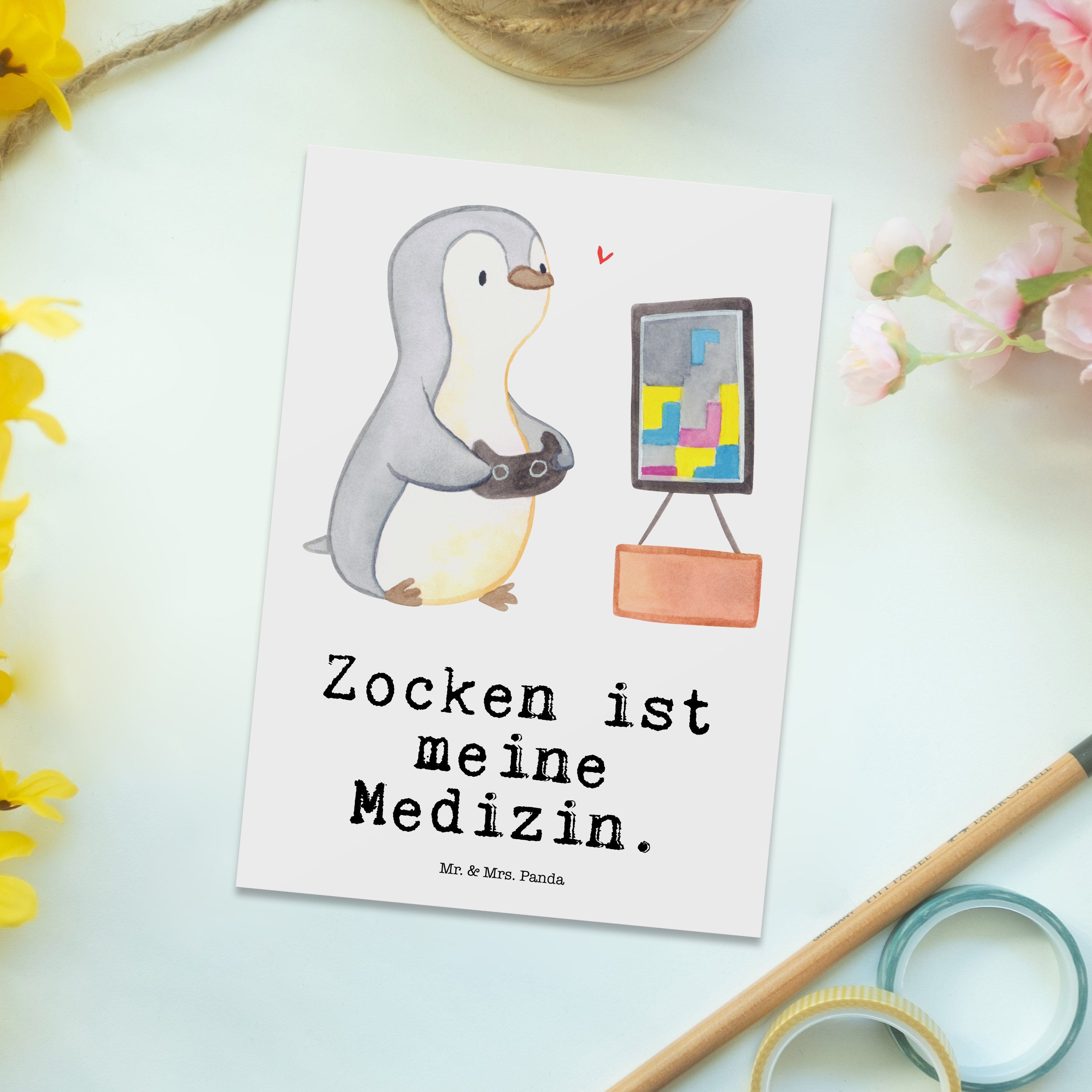 Postkarte Weiß Mrs. Panda Dankeschön, & Mr. Zocken Pinguin - Geschenkkarte Medizin - Geschenk,