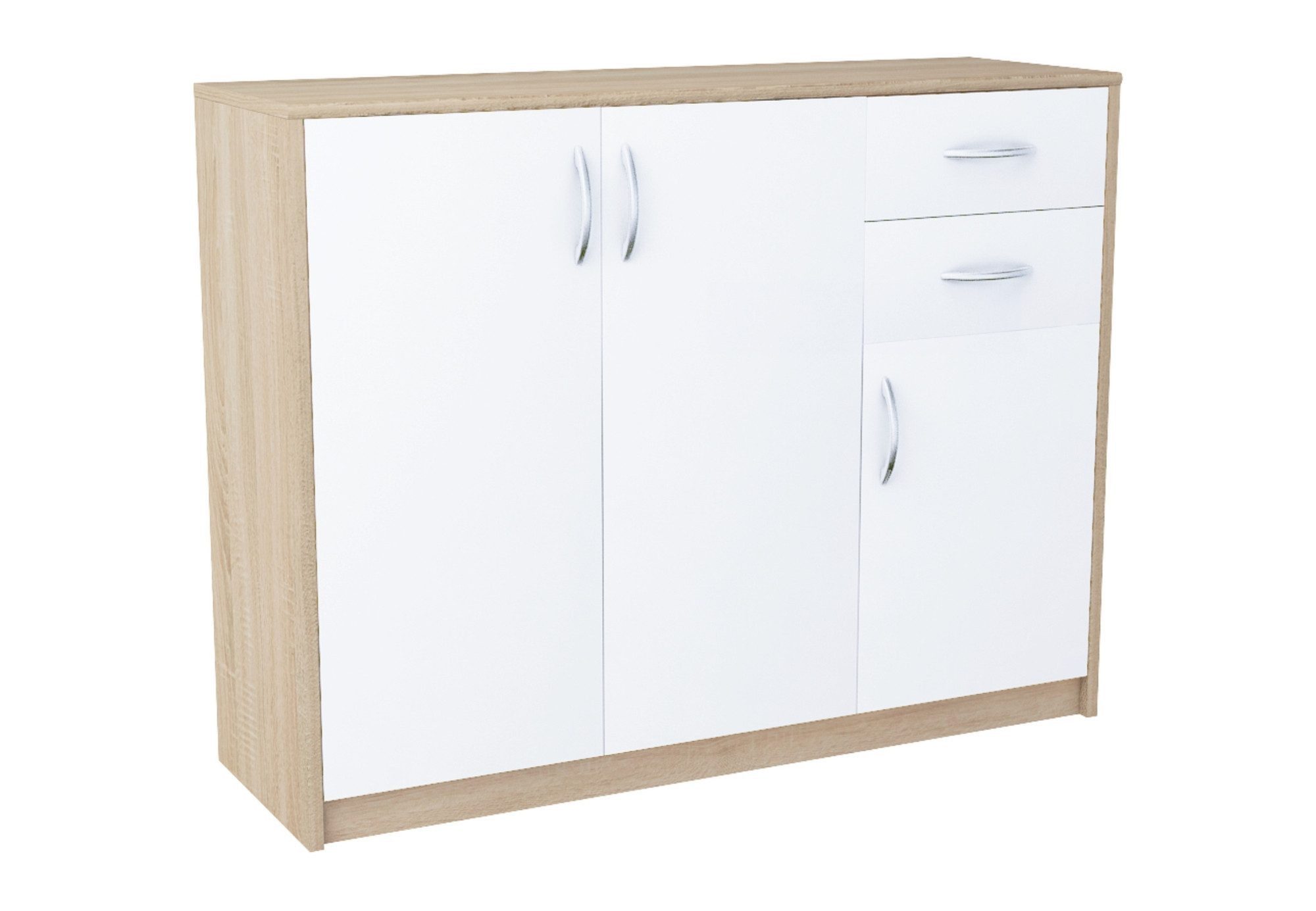 Home Collective Kommode mit 2 Schubladen und 3 Türen in matter Ausführung, Kommode 110cm breit (Hergestellt aus laminierten Platten, Metallrollen mit Auszugsperre), Holz Schrank Sideboard Highboard Kommode mit Schubladen Sonoma-Weiß