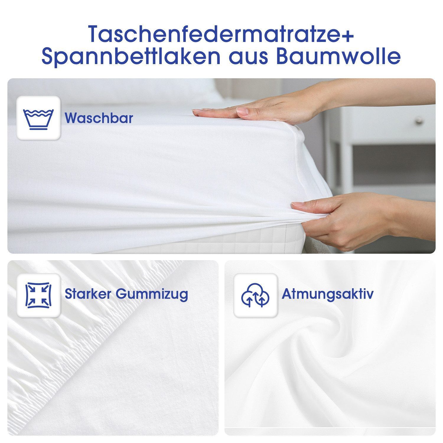 Taschenfederkernmatratze Matratze, 7-Zonen Federkernmatratze Matratzen mit Spannbettlaken, H3, Hiazurm, 22 cm hoch, (Orthopädische Taschenfederkernmatratze mit Atmungsaktive Bezug), Integrierter Topper,Matratze für Kinder und Erwachsene,90*200CM