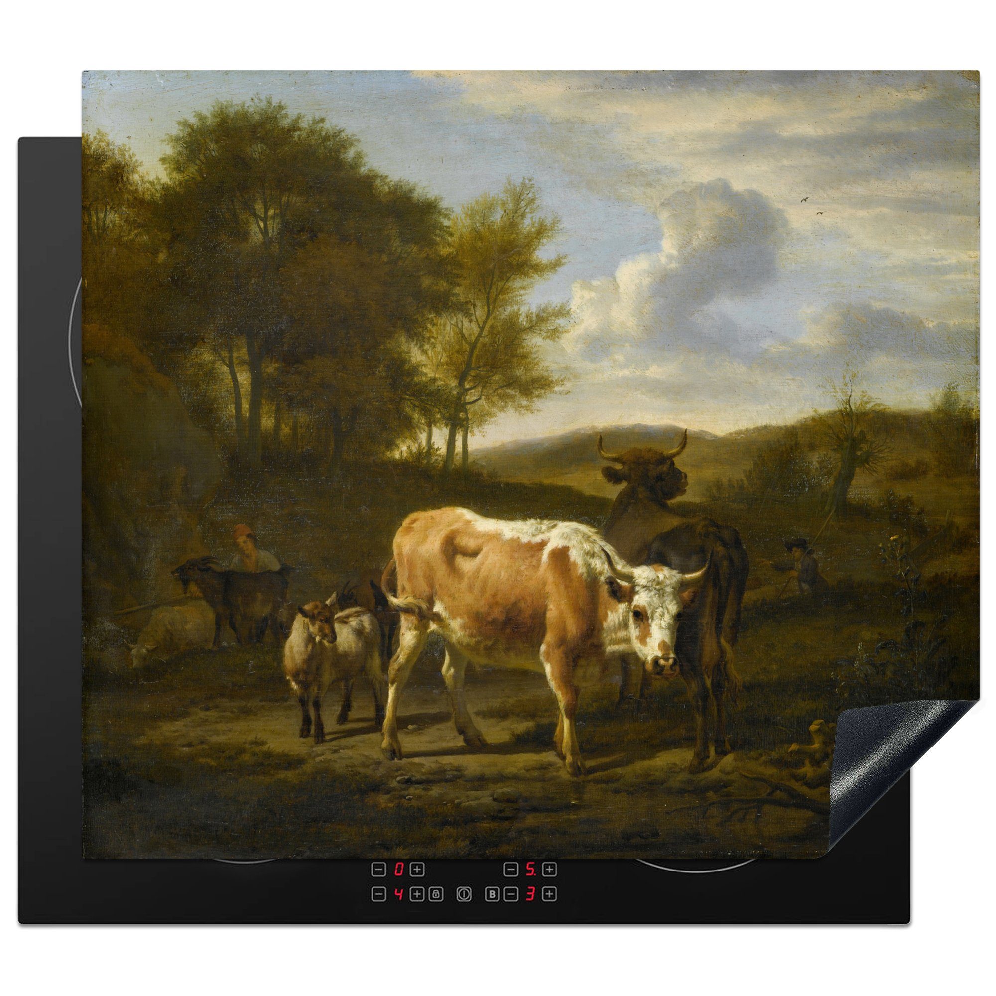 MuchoWow Herdblende-/Abdeckplatte Berglandschaft mit Vieh - Gemälde von Adriaen van de Velde, Vinyl, (1 tlg), 60x52 cm, Mobile Arbeitsfläche nutzbar, Ceranfeldabdeckung
