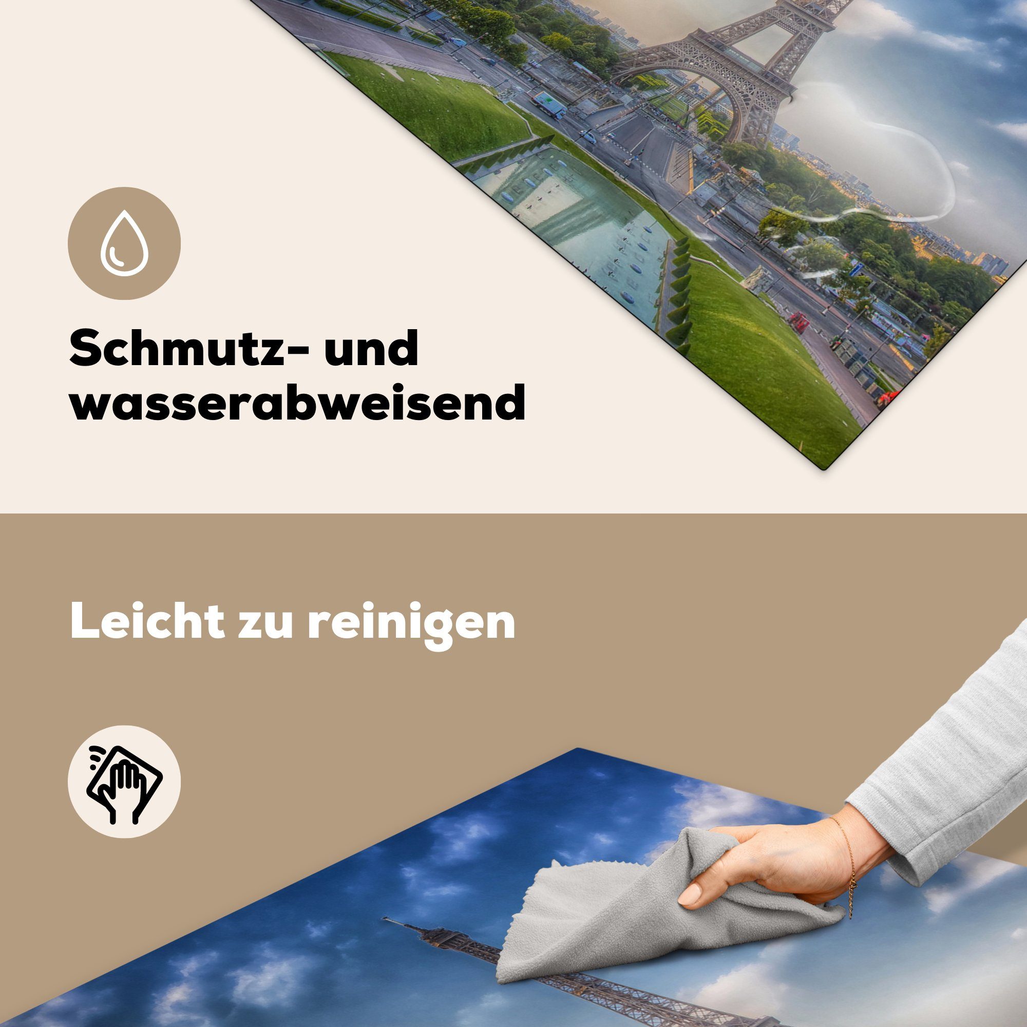 78x78 Arbeitsplatte Herdblende-/Abdeckplatte Vinyl, - küche tlg), für MuchoWow - Eiffelturm Ceranfeldabdeckung, (1 Heißluftballon cm, Wolken,