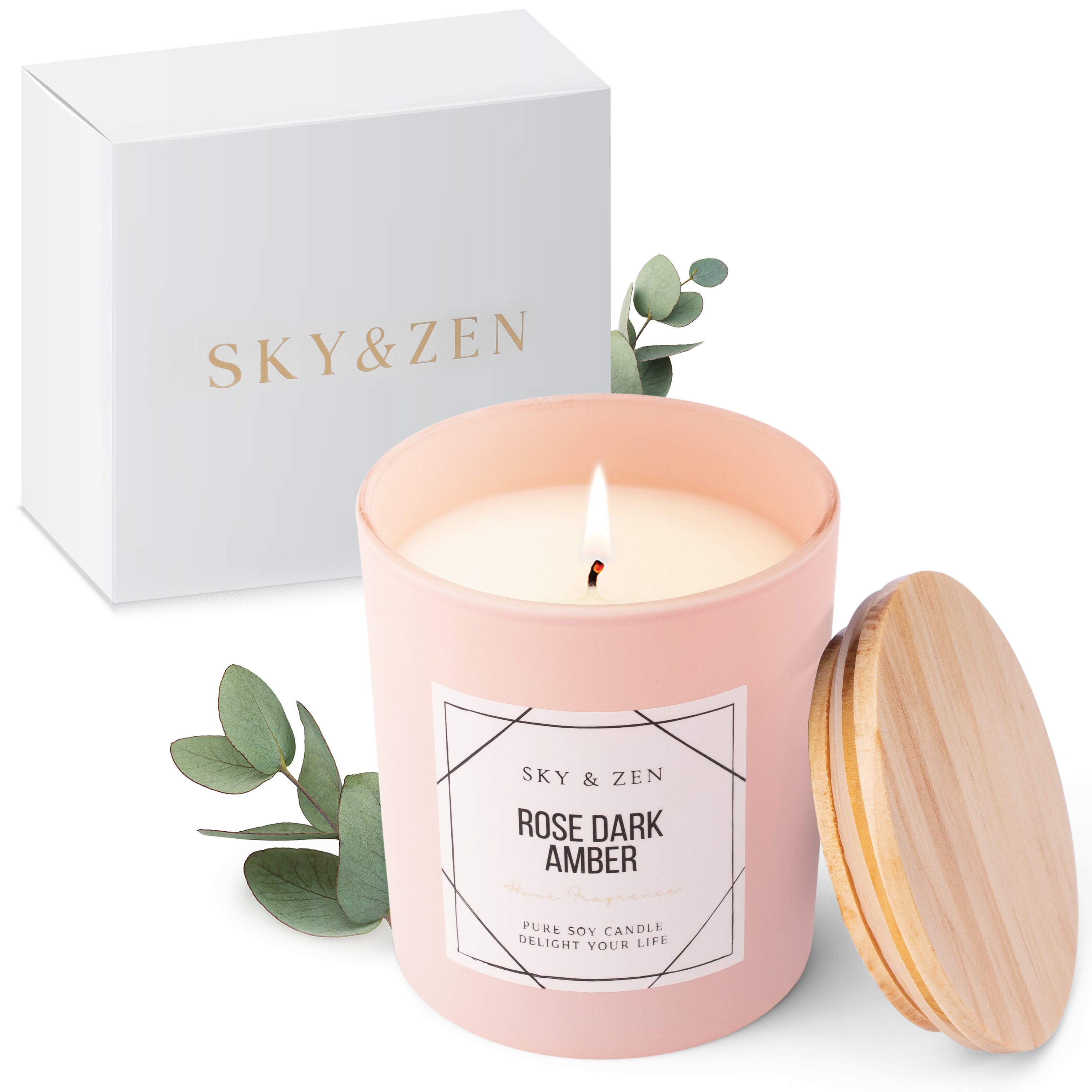 SKY & ZEN Duftkerze 4 Stück im Glas mit Deckel, vegane Kerze, hoher Anteil an ätherischen Ölen, bis zu 200 Stunden lange Brenndauer