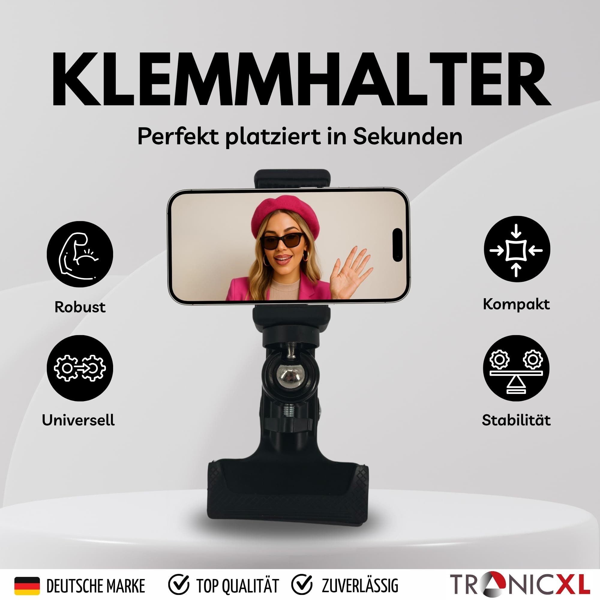TronicXL Handy-Dockingstation Handy Halterung + Selbstauslöser Smartphone Klemmstativ Tisch Klemme, (Halter Schreibtischhalterung Tischhalterung, 1 St., LiveStream Fotografie Video), Kugelkopf für iPhone Handys Smartphones