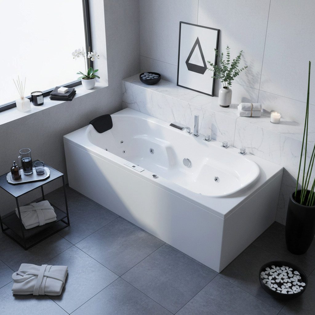 Caribia Whirlpool-Badewanne Komfort Premium / 180x80 - 20 Düsen Wasserfall, LED & Bluetooth