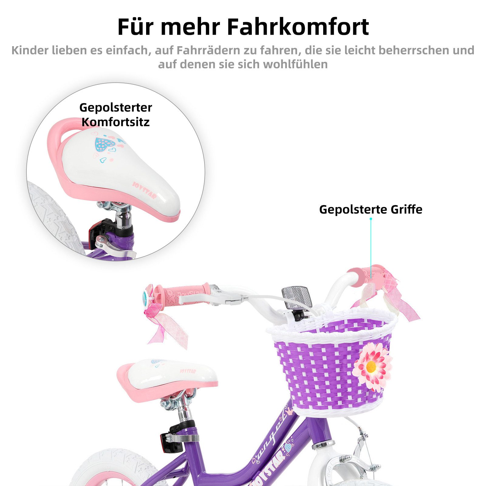 JOYSTAR Kinderfahrrad 12 14 16 18 Zoll Mädchenfahrrad, 2 - 9 Jahre,Geschenk für Prinzessin, 1 Gang, Mit Hilfsrädern, farbigen Bändern, Korb, Reflektor, Kettenab – Bild 5 von 5