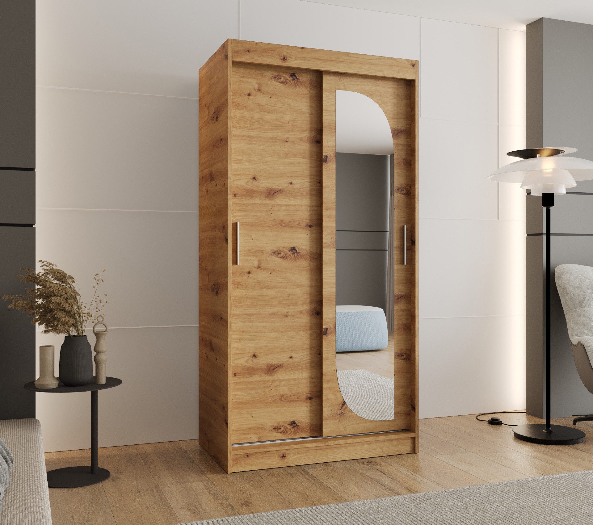 MOEBLO Schwebetürenschrank CYLIO (mit Spiegel – Moderner Kleiderschrank mit Schiebetüren, Metall-Kleiderstangen & BIMAK-System, in mehreren Farben &