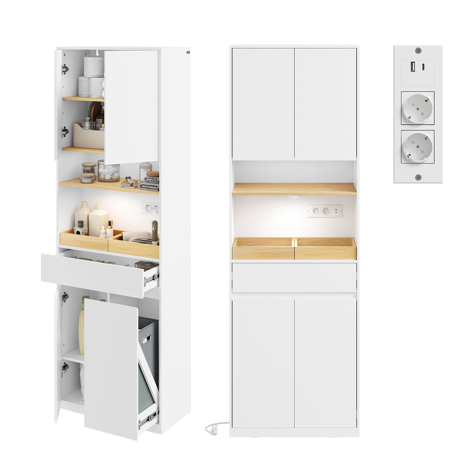 SoBuy Hochschrank BZR241-E, Badezimmerschrank schmal, mit LED Sensorleuchte & Steckdose (1er Set) Badkommode Badschrank, mit Türen, Schubladen & Ausziehbarer Wäschekorb