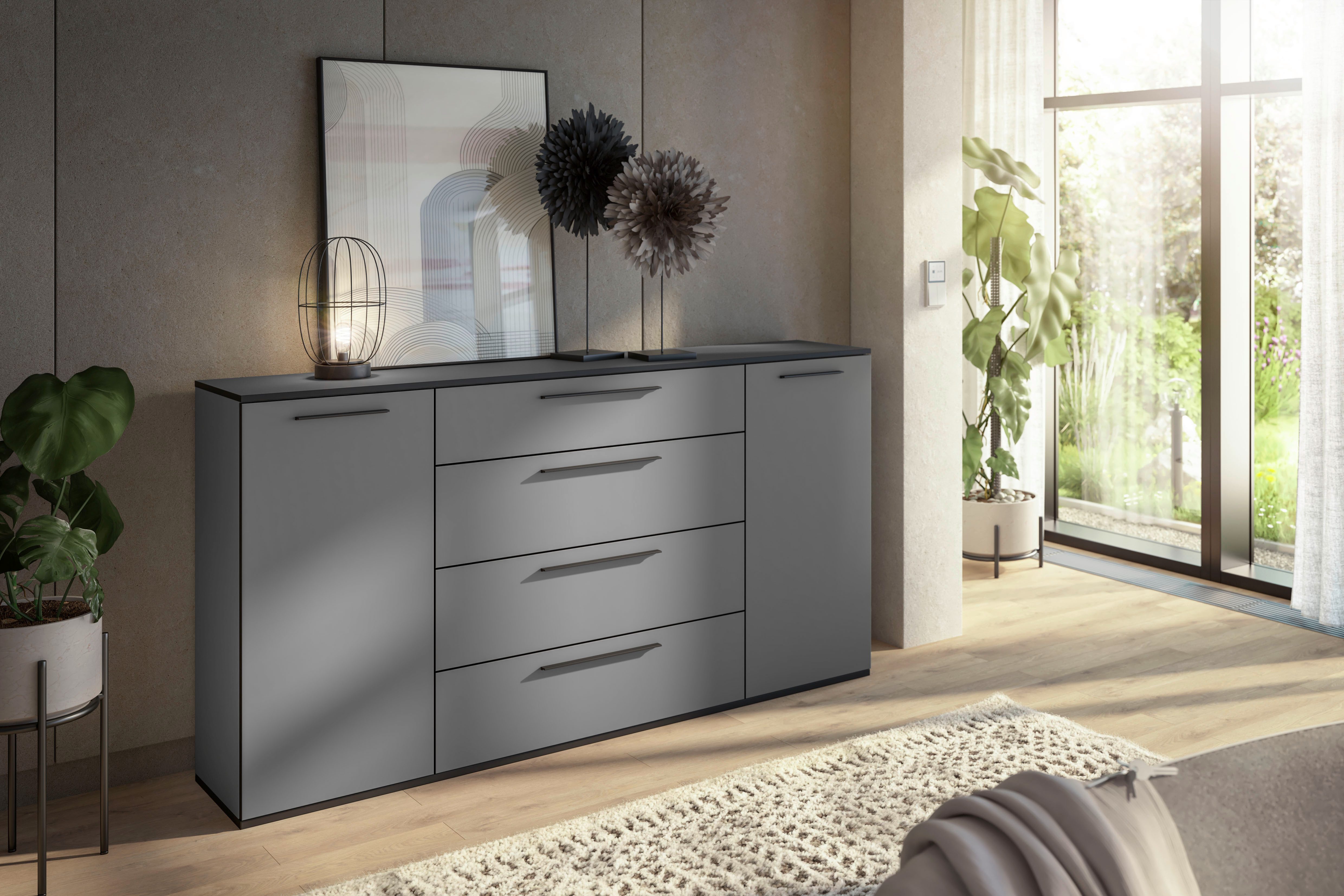Manjana Möbel Kommode mit Schwarz matten Metallgriffen in verschiedenen Ausführungen, mit Soft-Close-Funktion, mit variabel einsetzbaren Einlegeböden