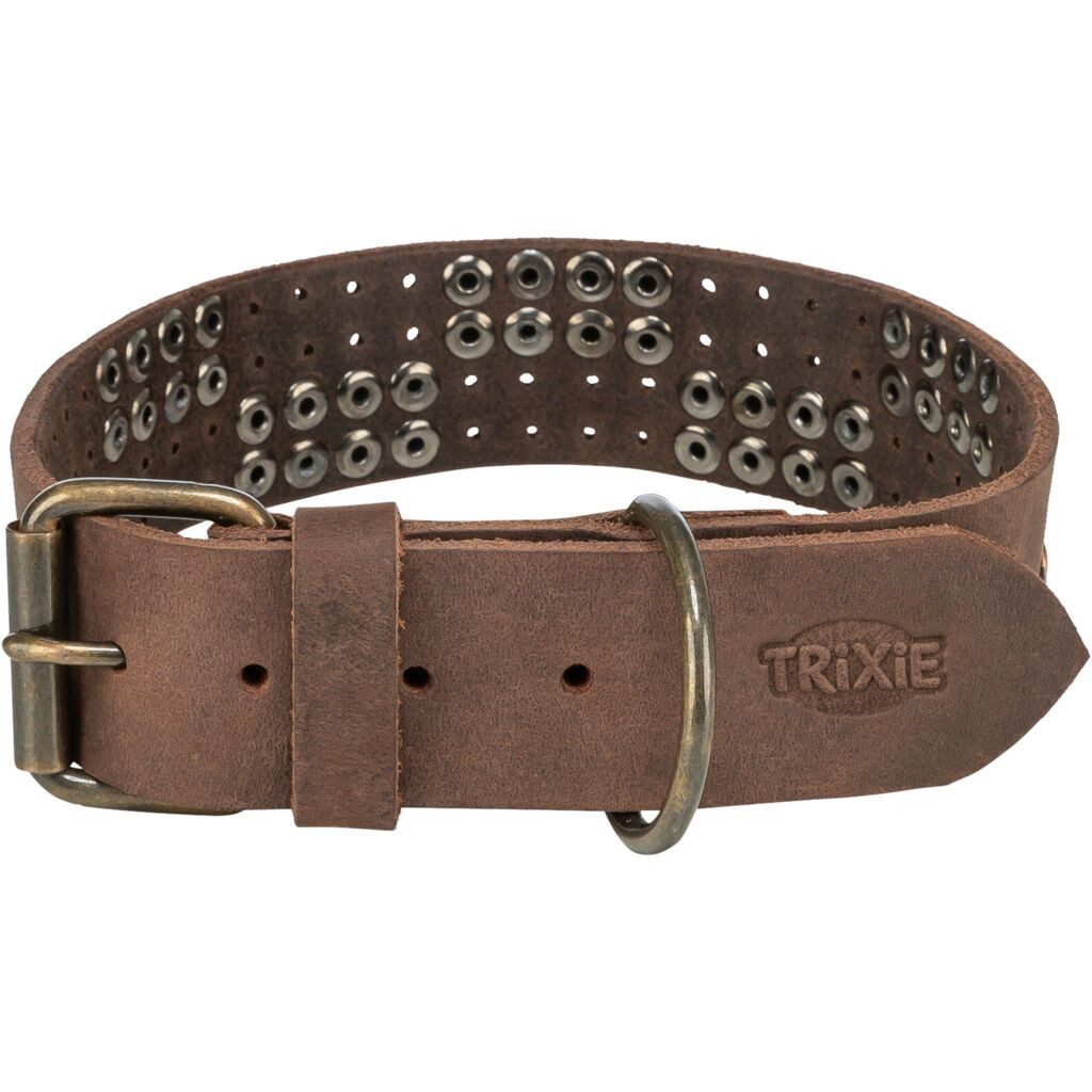 TRIXIE Hunde-Halsband Rustic Fettleder-Halsband Nieten, extra breit - dunkelbraun - 34–40 cm, Leder