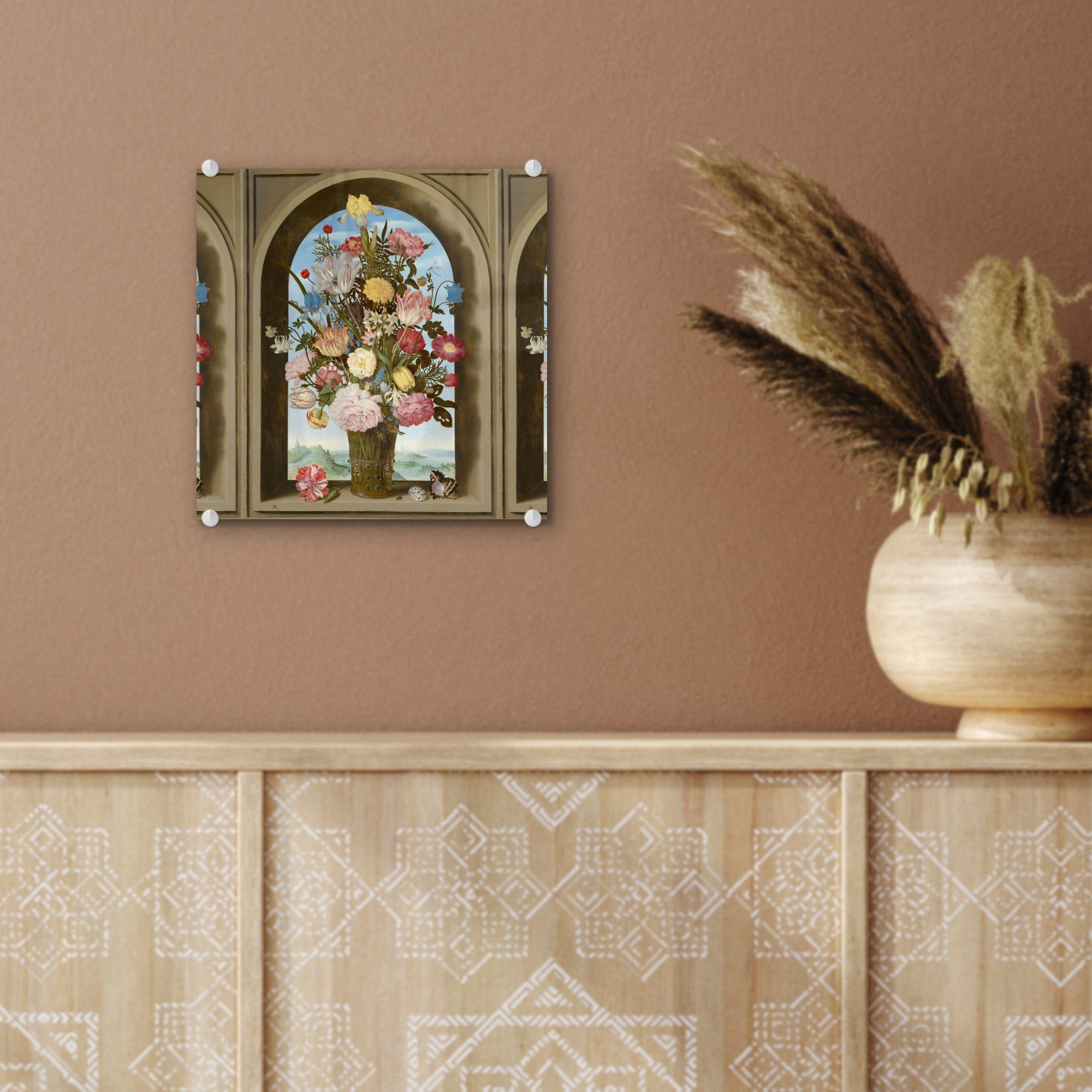 (1 Wanddekoration von in einem Gemälde Foto Blumen mit Ambrosius - Bilder MuchoWow - St), Vase - Glas Glasbilder Glas Wandbild auf Bosschaert, auf Acrylglasbild Fenster -