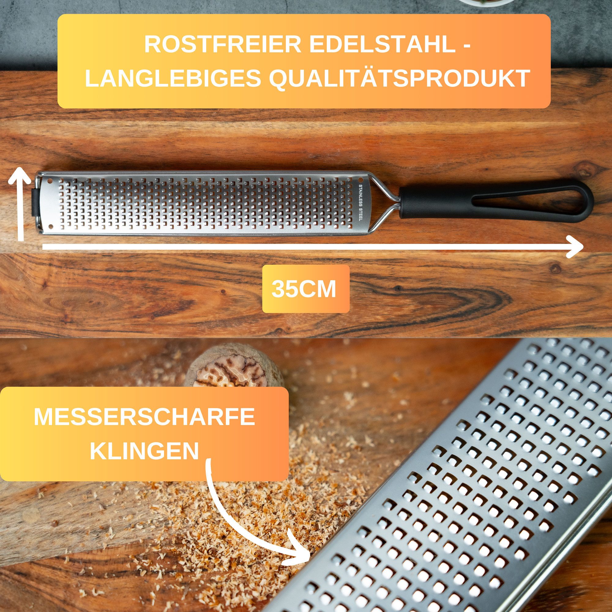 Thiru Multireibe Premium mit Edelstahl Klingen und rutschfestem Fuß inkl. Schutzelement, Grob, Messerscharfe Klingen, inklusive Schutzelemt und Rezeptbuch