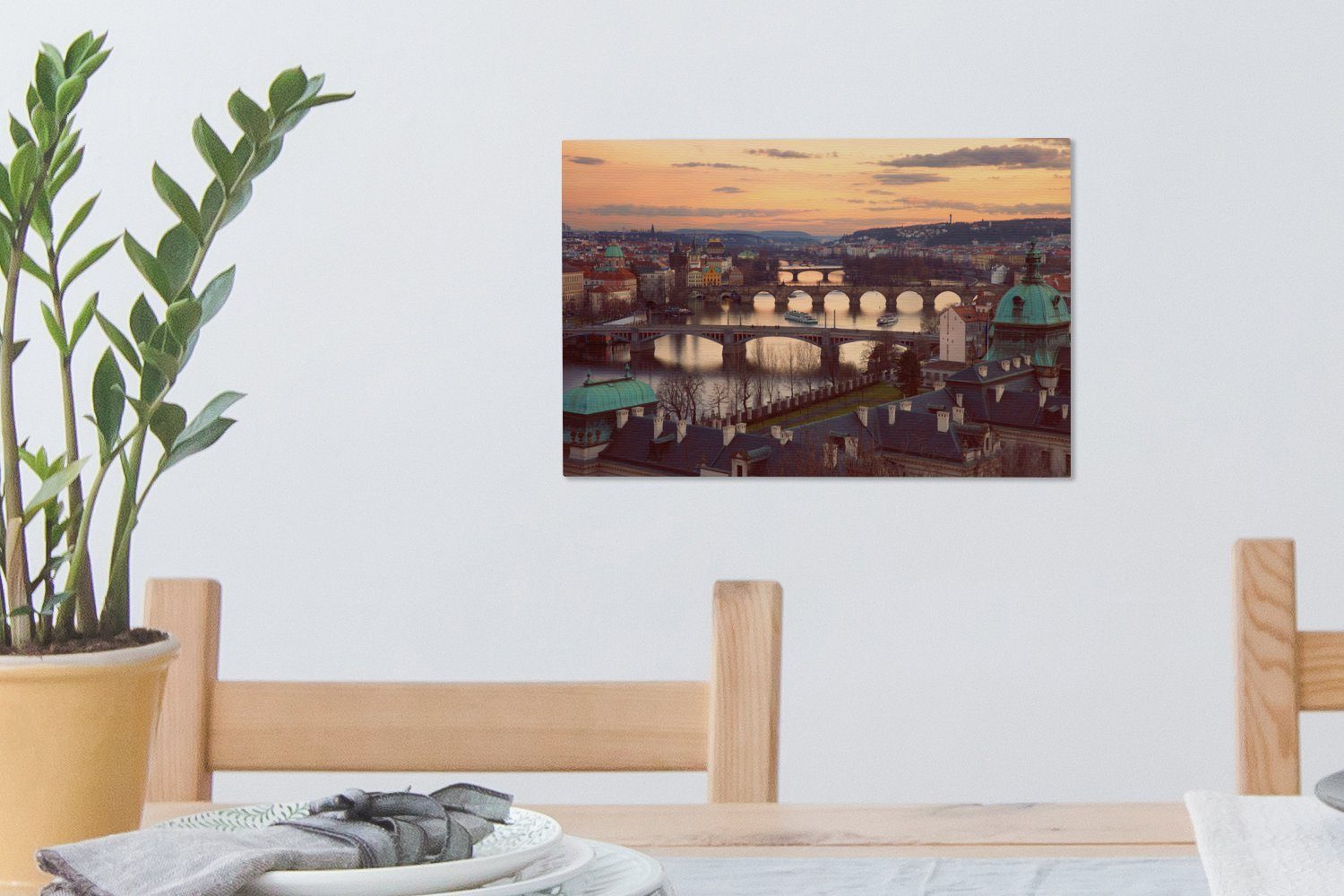 (1 - Wanddeko, St), Prag OneMillionCanvasses® 30x20 Leinwandbild Aufhängefertig, Wandbild Leinwandbilder, cm - Sonnenuntergang Brücken,