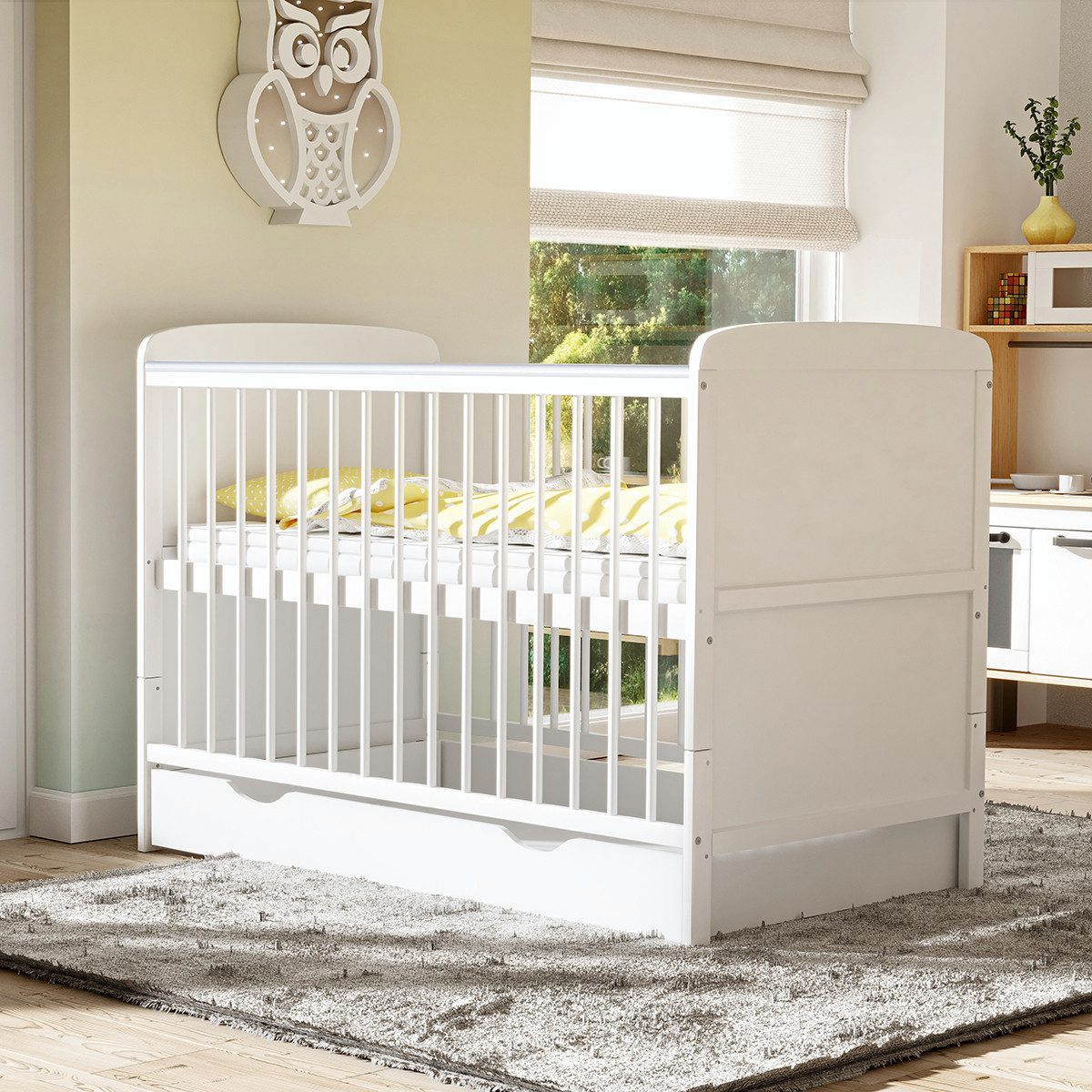 Baby-Delux Babybett Natalie Bettkasten, Kinderbett Gitterbett 140x70 weiß mit Beißschienen Schublade, Matratze