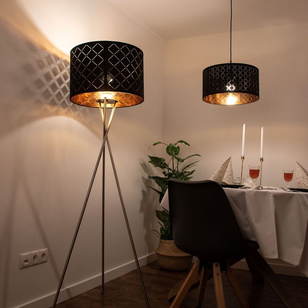 etc-shop LED Stehlampe, Leuchtmittel nicht Lampe Stand Wohn Fluter Zimmer inklusive, Schalter Decken schwarz Steh Stoff gold