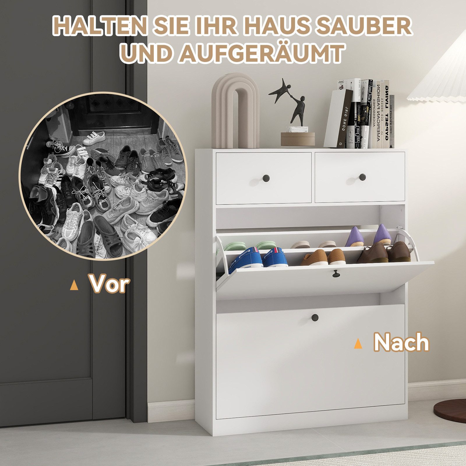 Puluomis Schuhschrank Schuhkipper mit 2 Schublade, 2 Klappen Schuhregal 24x80x106 cm (mit Kippschutz, weiß) – Bild 3 von 5