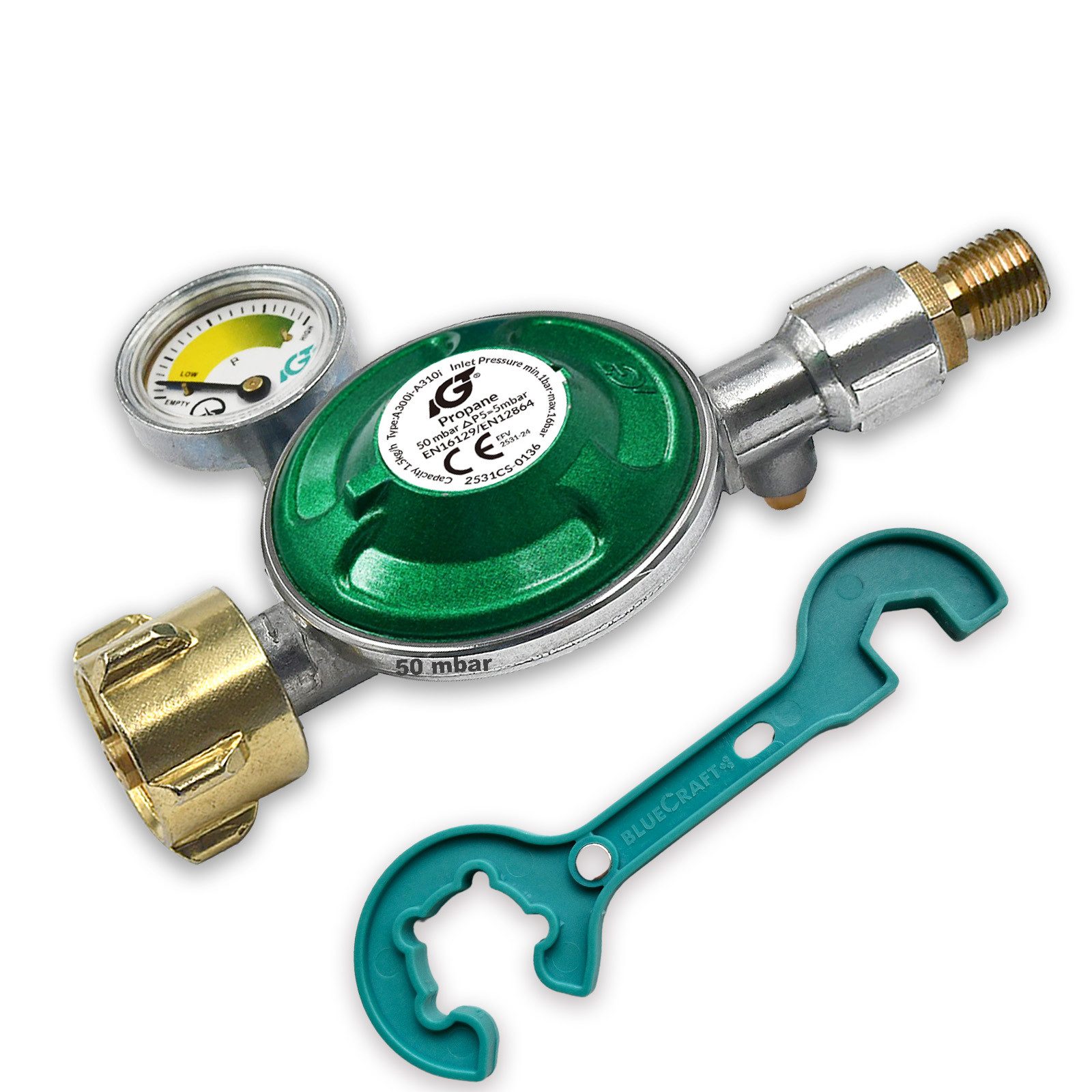 IGT Druckminderer 50 mbar Gas Druckminderer Gasregler für Camping Propan Gasflasche, (für Gas-Grill, Gaskocher, Gas-Heizofen), mit 360° Manometer, Gas-Füllstandsanzeiger, Gasregler Schlüssel