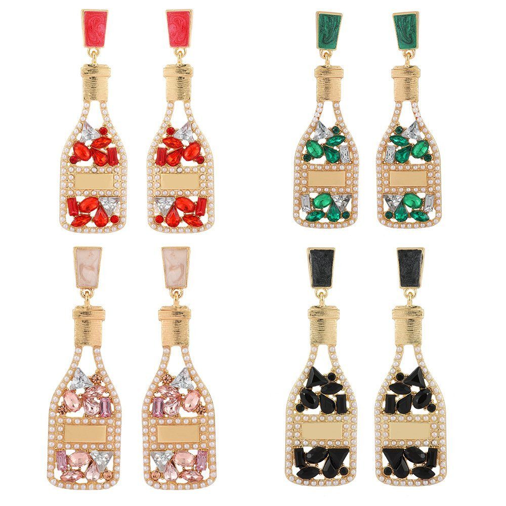Invanter Paar Ohrstecker Legierungs-Weinflaschen-Ohrringe, hohle Strassperlen für Frauen 4-Paare