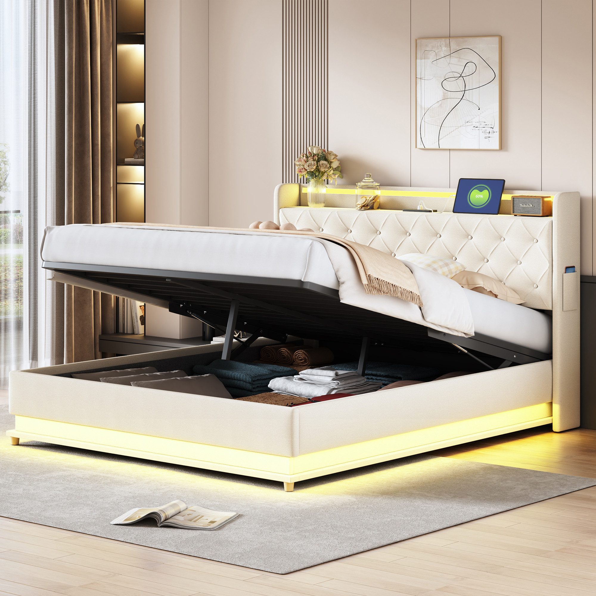 Flieks Polsterbett, LED Hydraulisches Stauraumbett Doppelbett günstig online kaufen