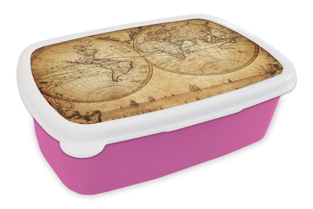 MuchoWow Lunchbox Weltkarte - Antik - Vintage - Kind - Junge - Mädchen, Kunststoff, (2-tlg), Brotbox für Erwachsene, Brotdose Kinder, Snackbox, Mädchen, Kunststoff rosa